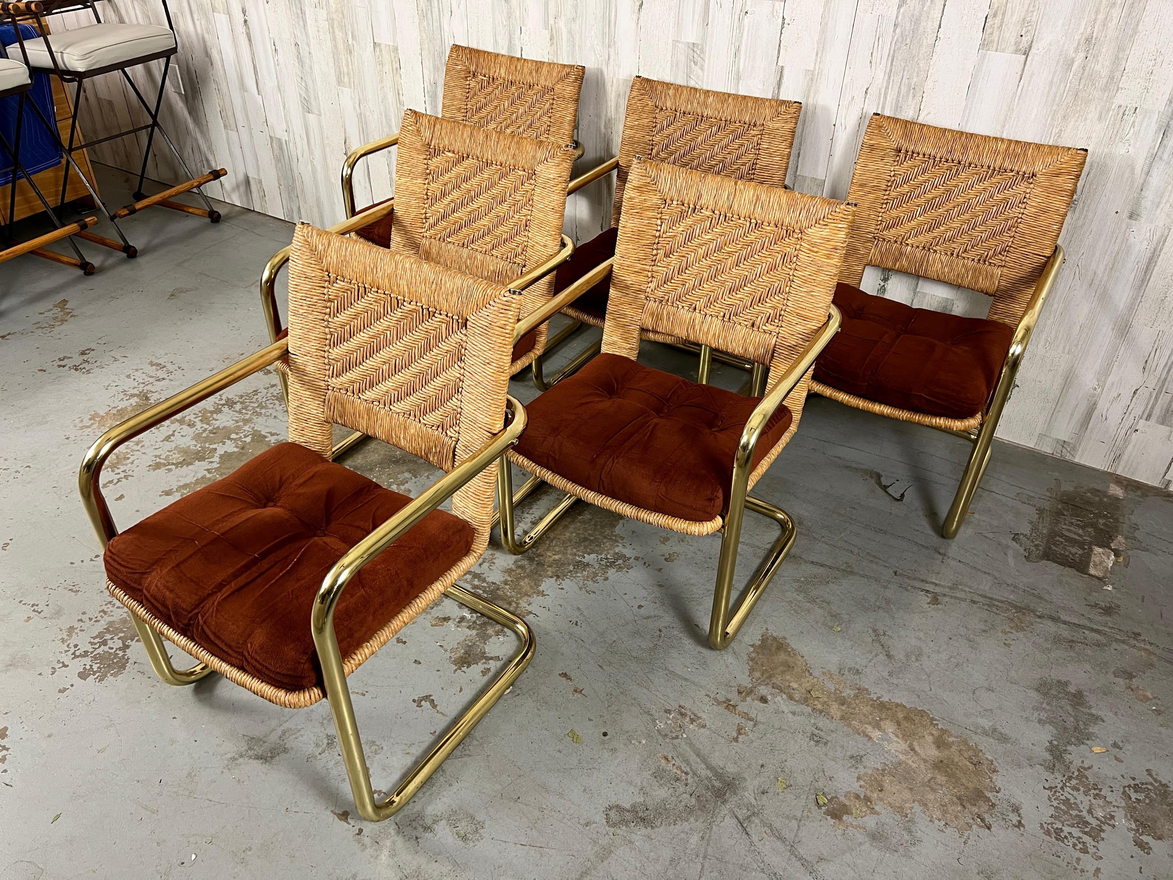 Brass Cantilever Dining Chairs with Woven Rush 12