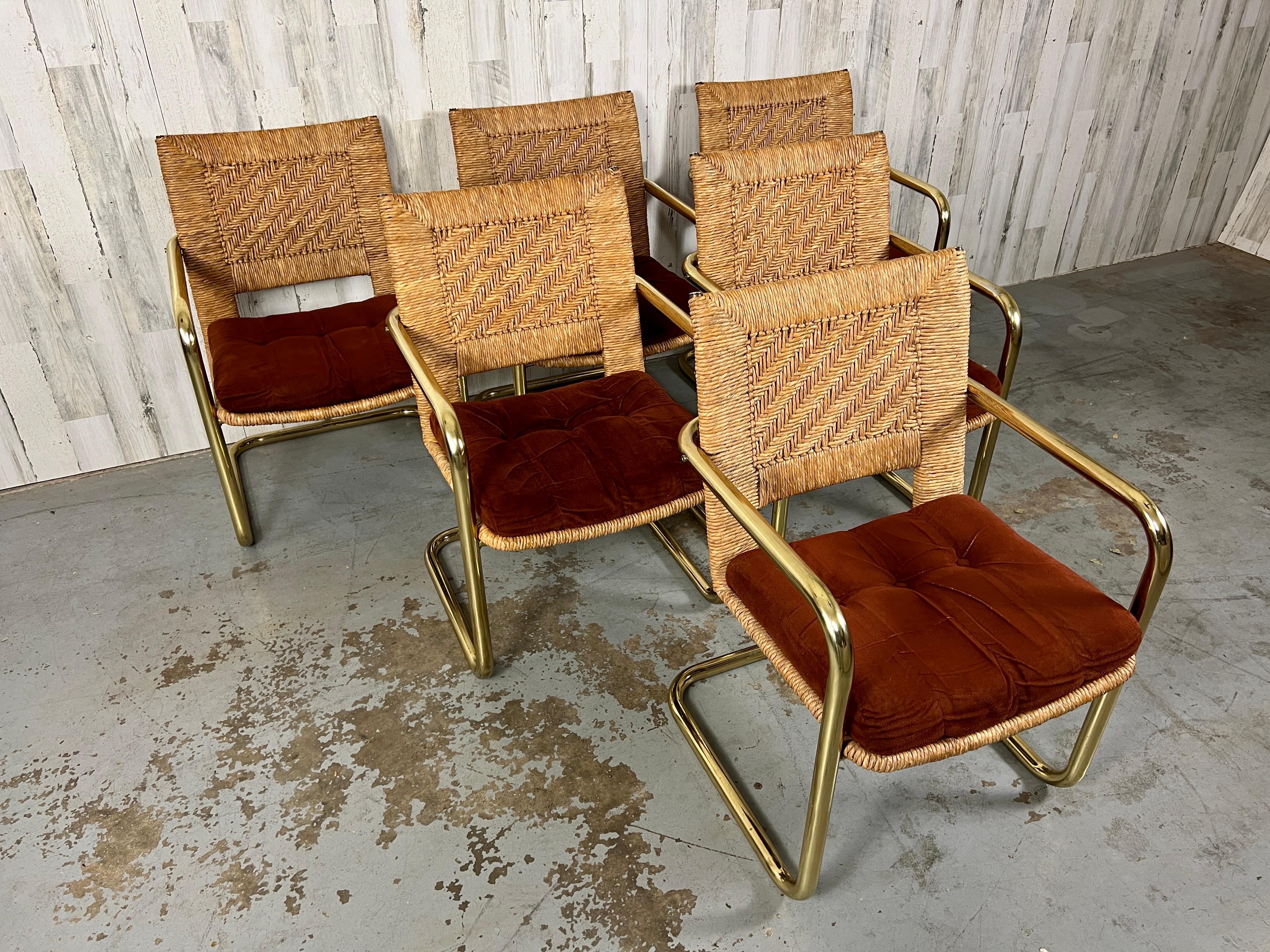 Mid-Century Modern Brass Cantilever Dining Chairs with Woven Rush 