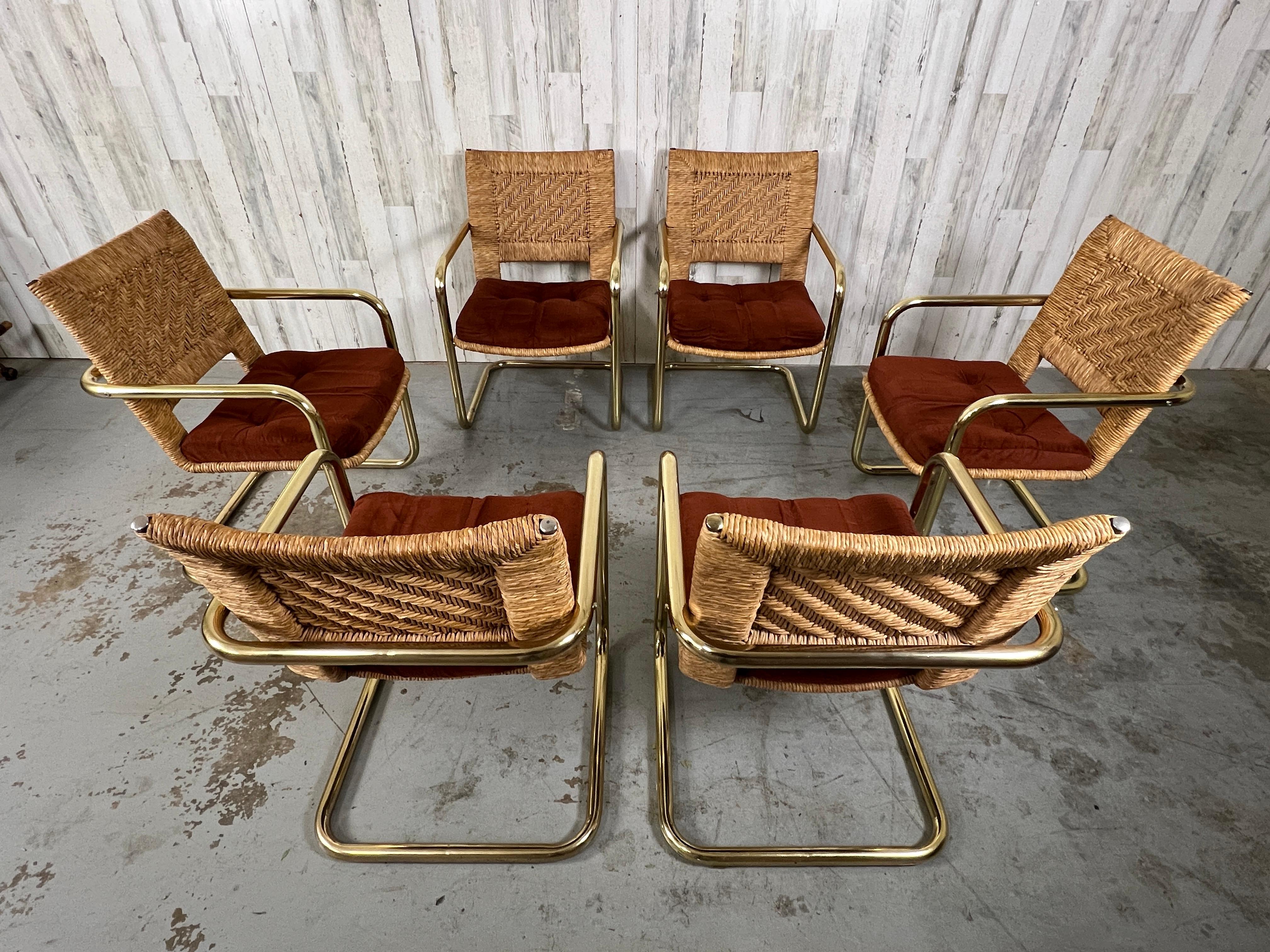 American Brass Cantilever Dining Chairs with Woven Rush 