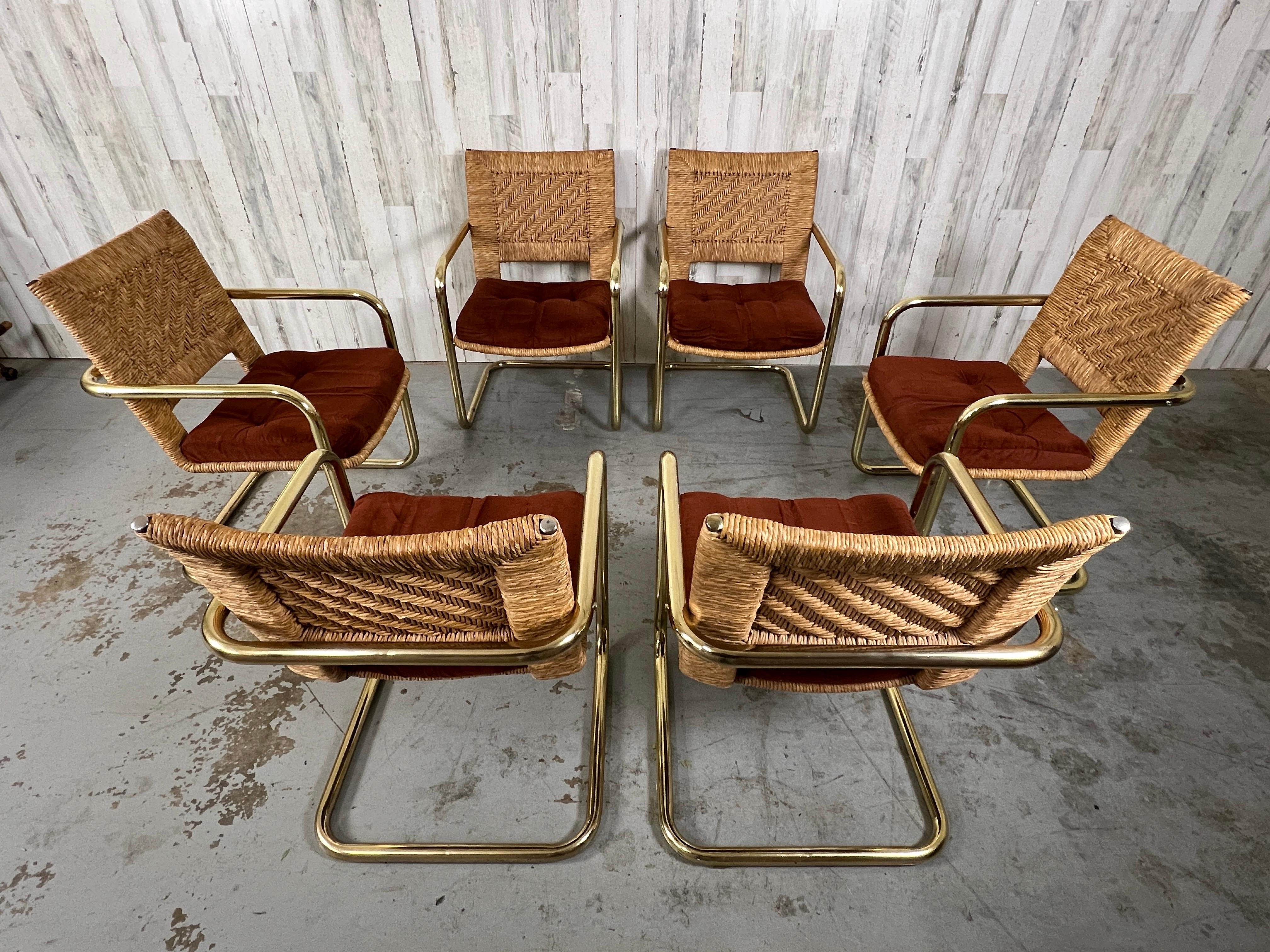 American Brass Cantilever Dining Chairs with Woven Rush