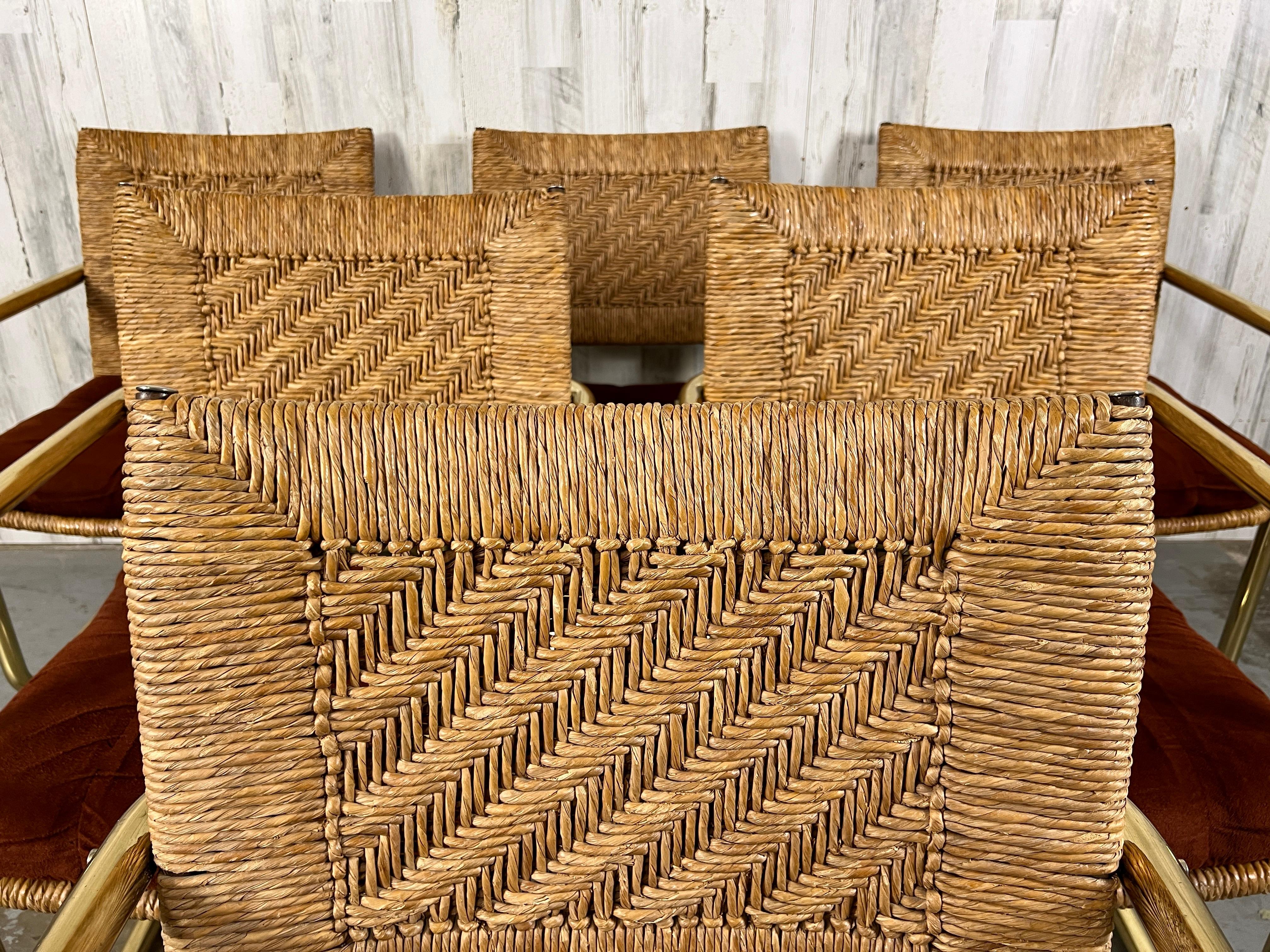 Plated Brass Cantilever Dining Chairs with Woven Rush