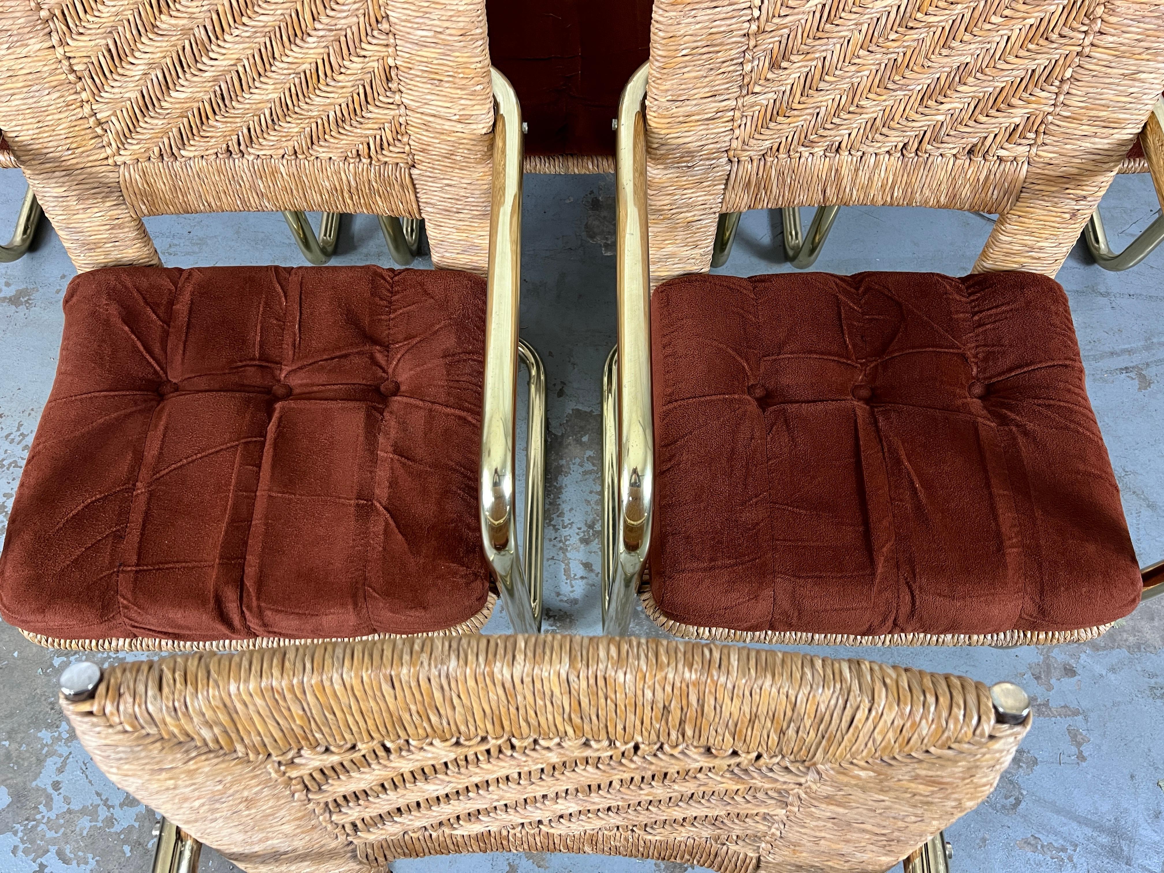Brass Cantilever Dining Chairs with Woven Rush  In Good Condition In Denton, TX