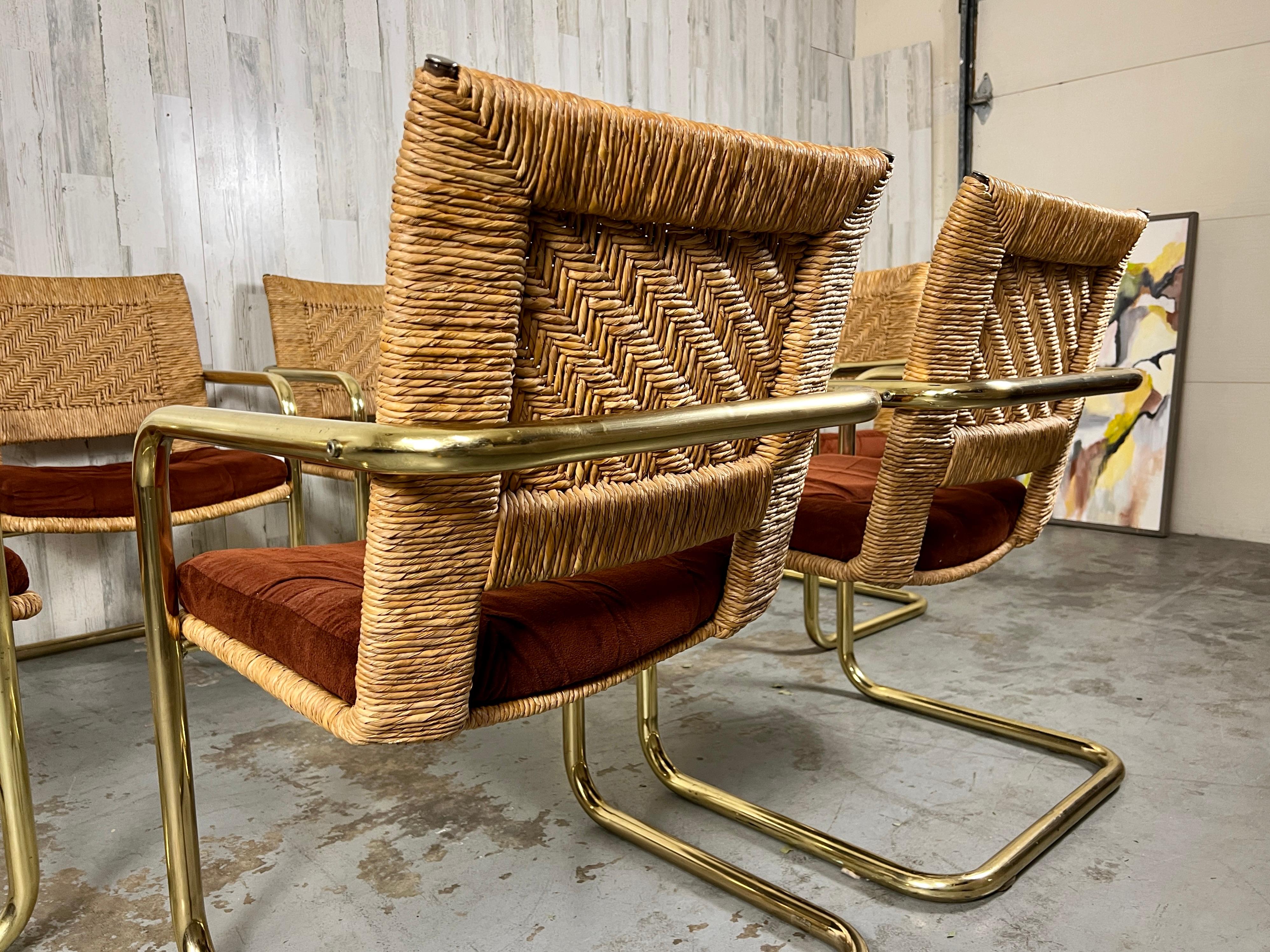 20th Century Brass Cantilever Dining Chairs with Woven Rush 