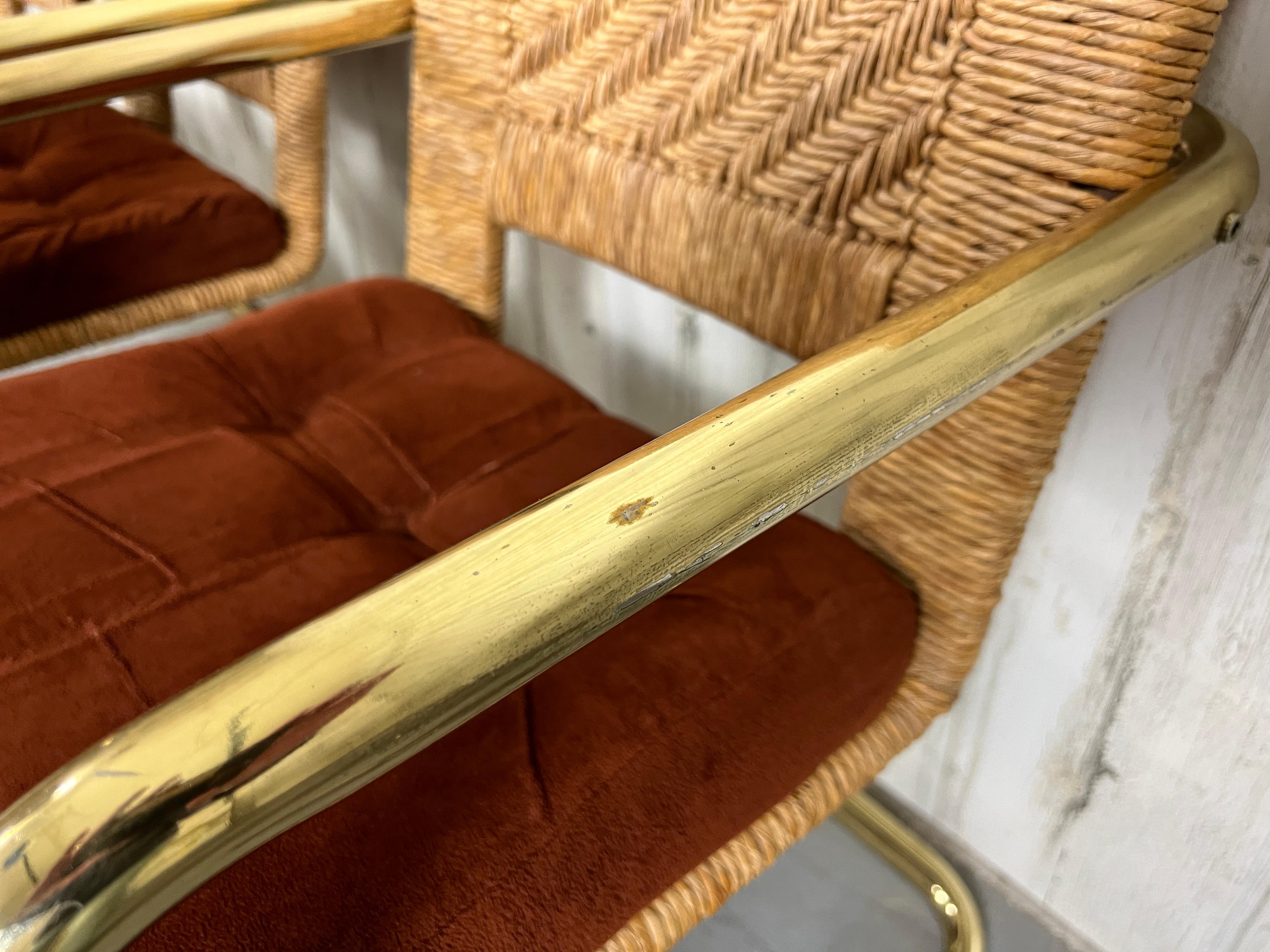 Brass Cantilever Dining Chairs with Woven Rush 2