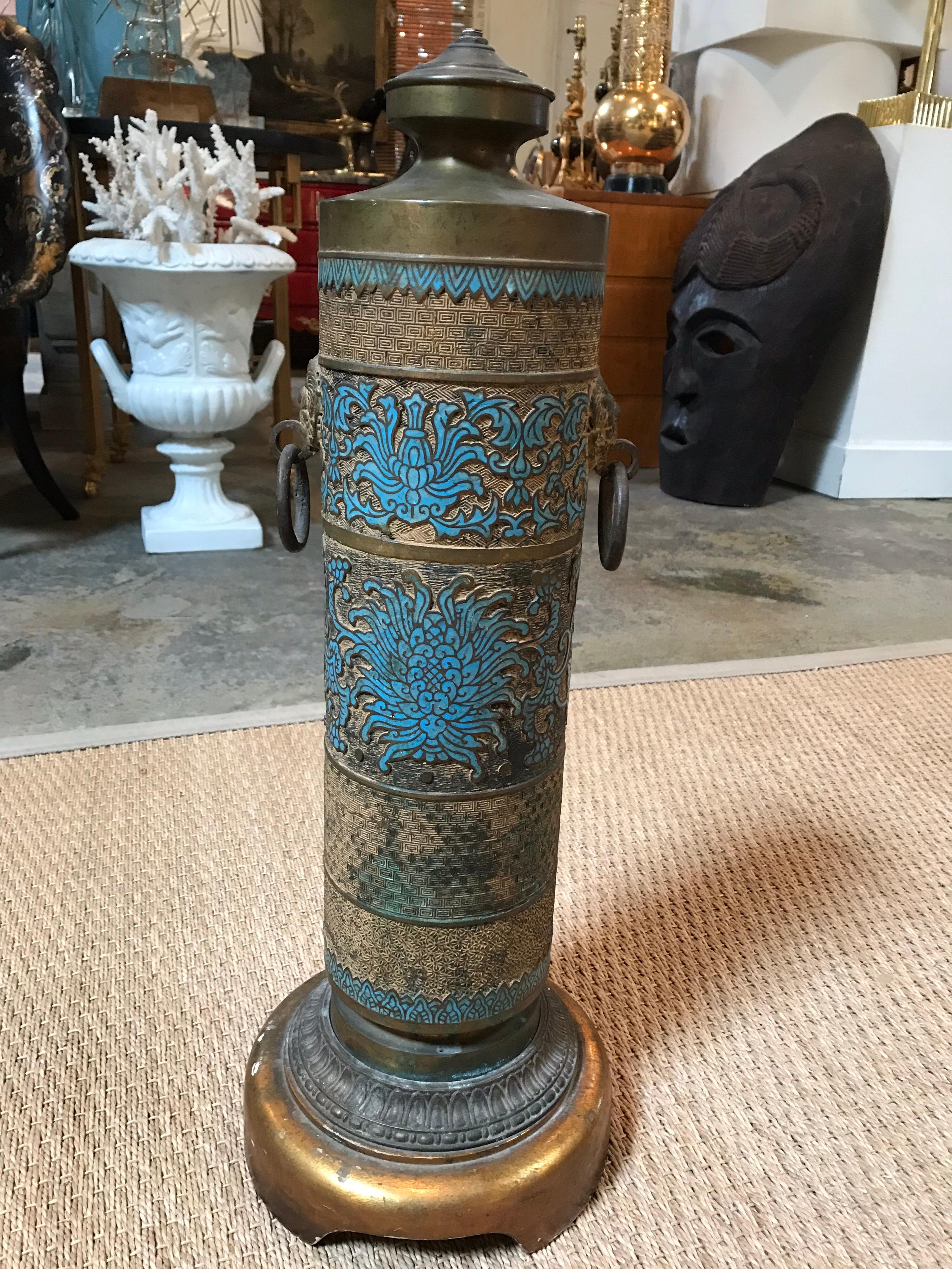 Brass Carved Lamp with Turquoise Accent In Good Condition For Sale In Dallas, TX