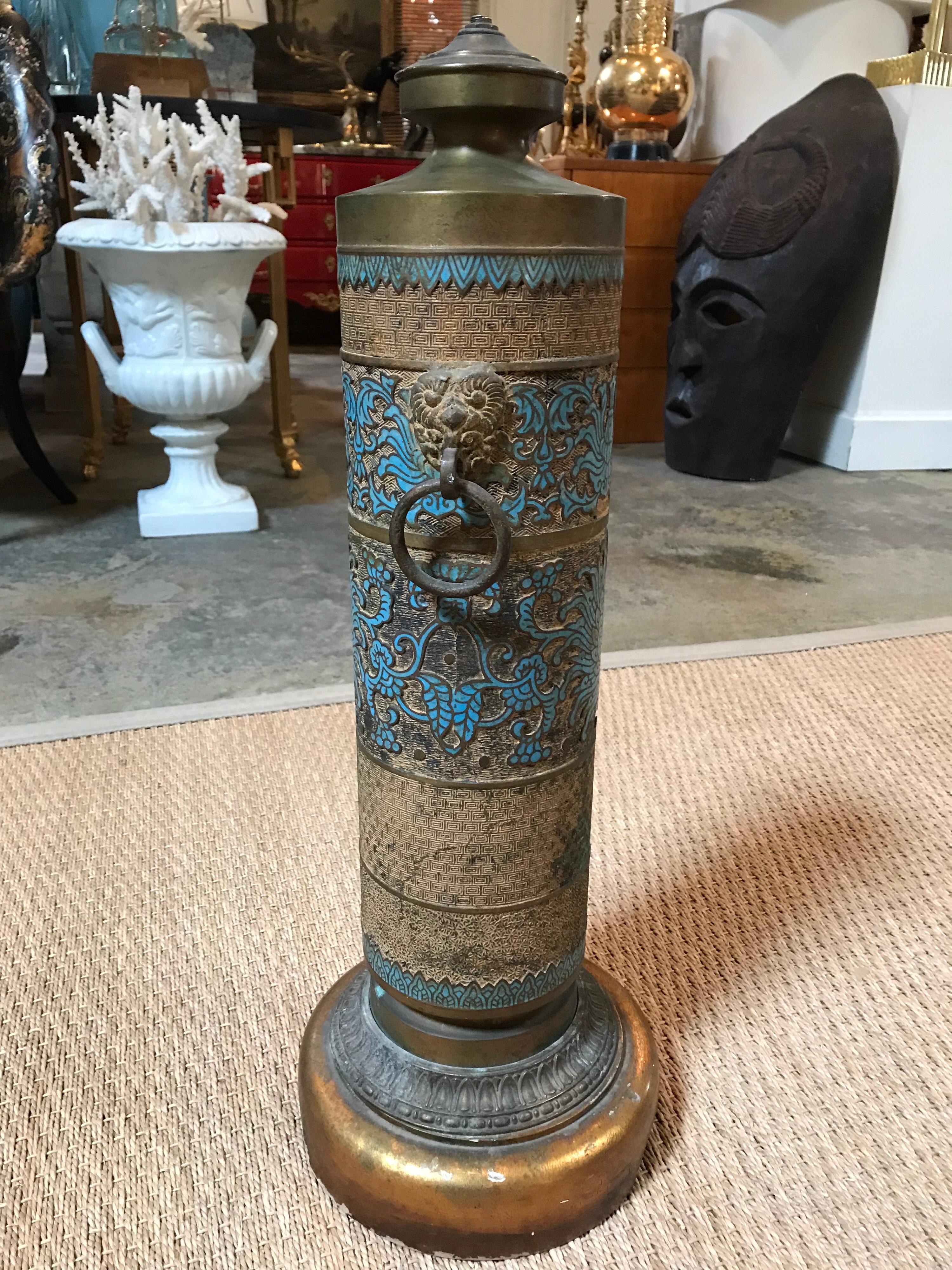 20th Century Brass Carved Lamp with Turquoise Accent For Sale