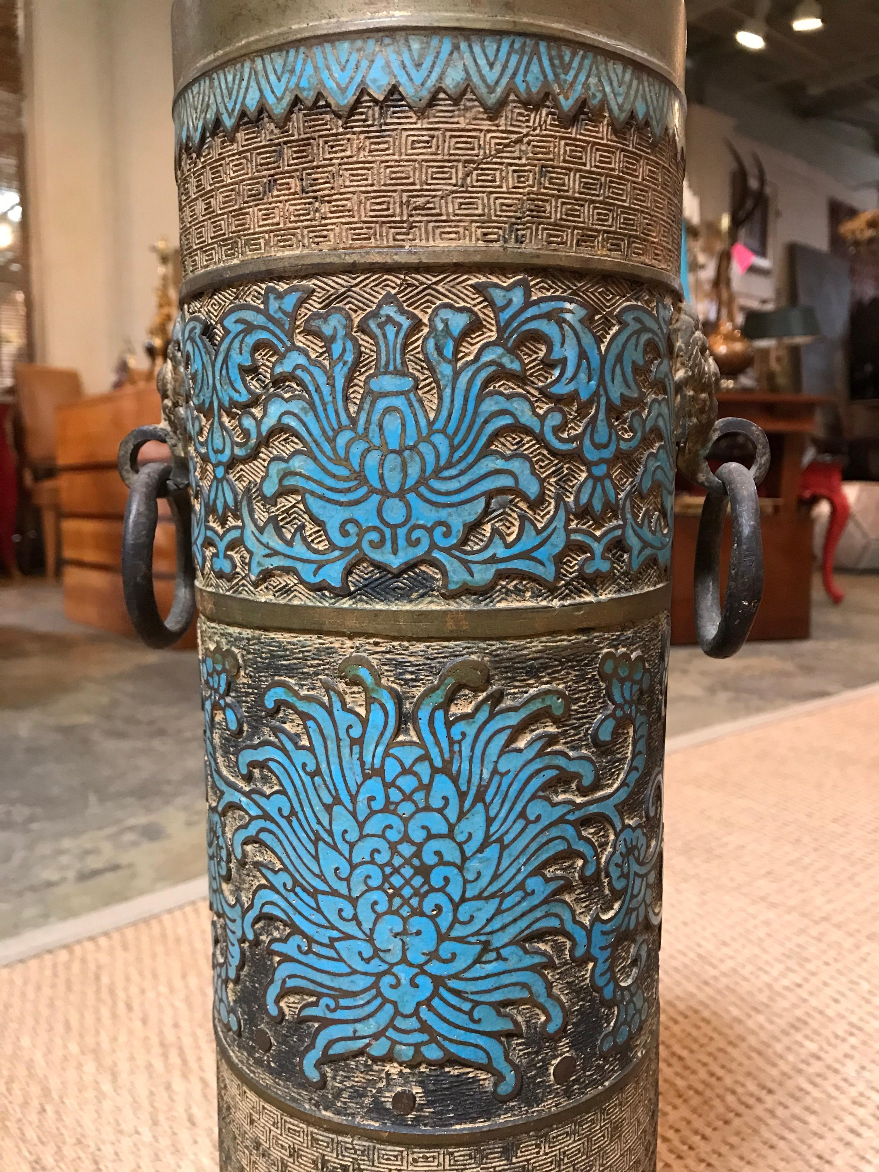 Brass Carved Lamp with Turquoise Accent For Sale 2