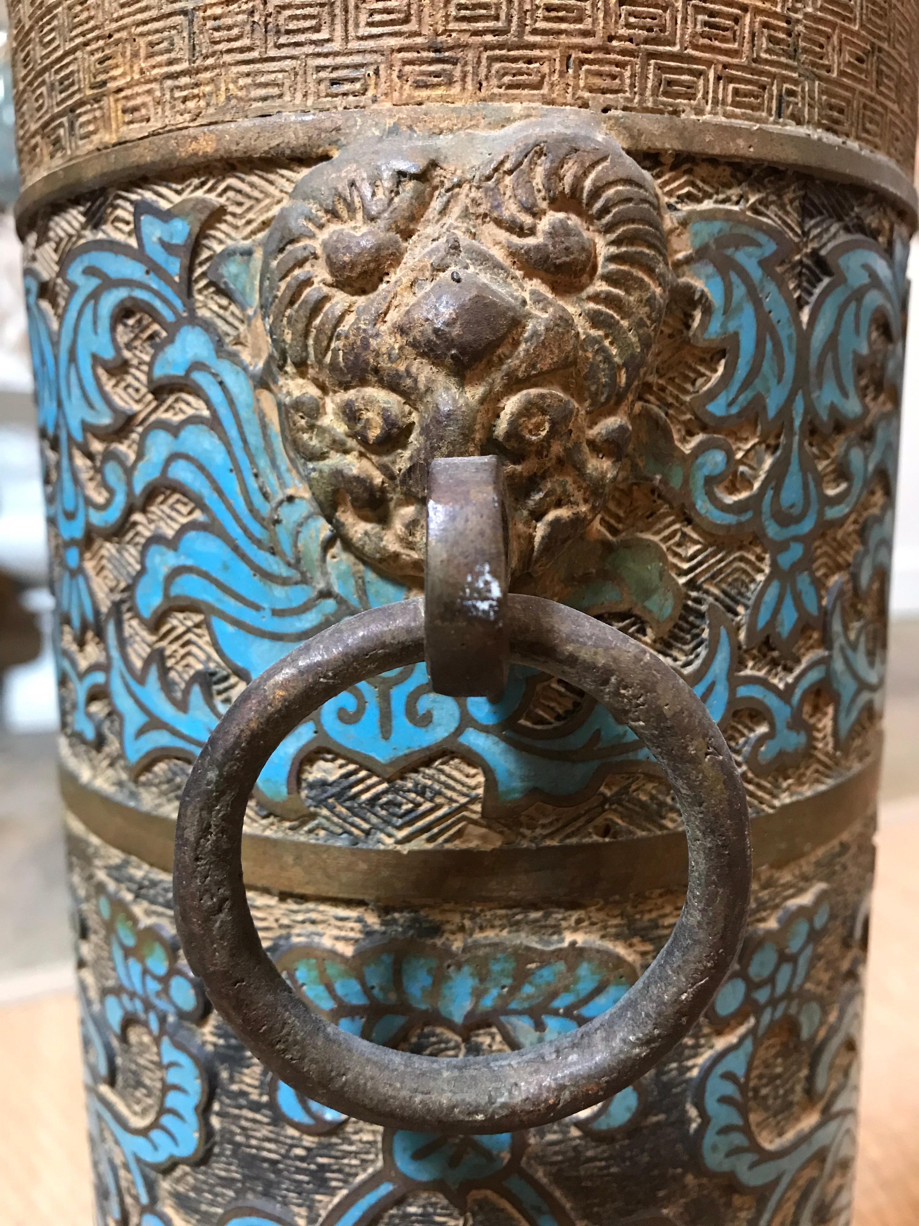 Brass Carved Lamp with Turquoise Accent For Sale 4
