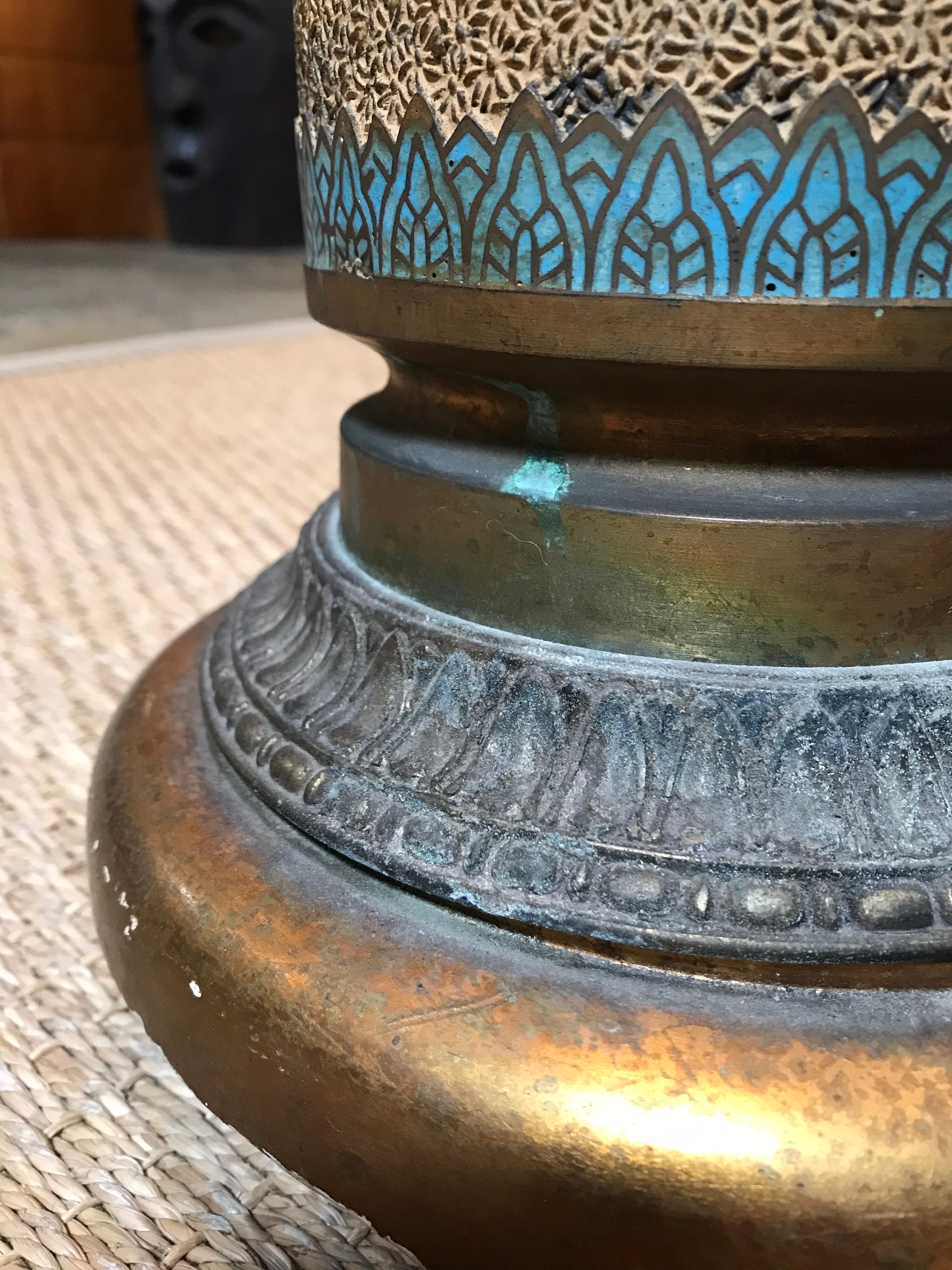 Brass Carved Lamp with Turquoise Accent For Sale 5