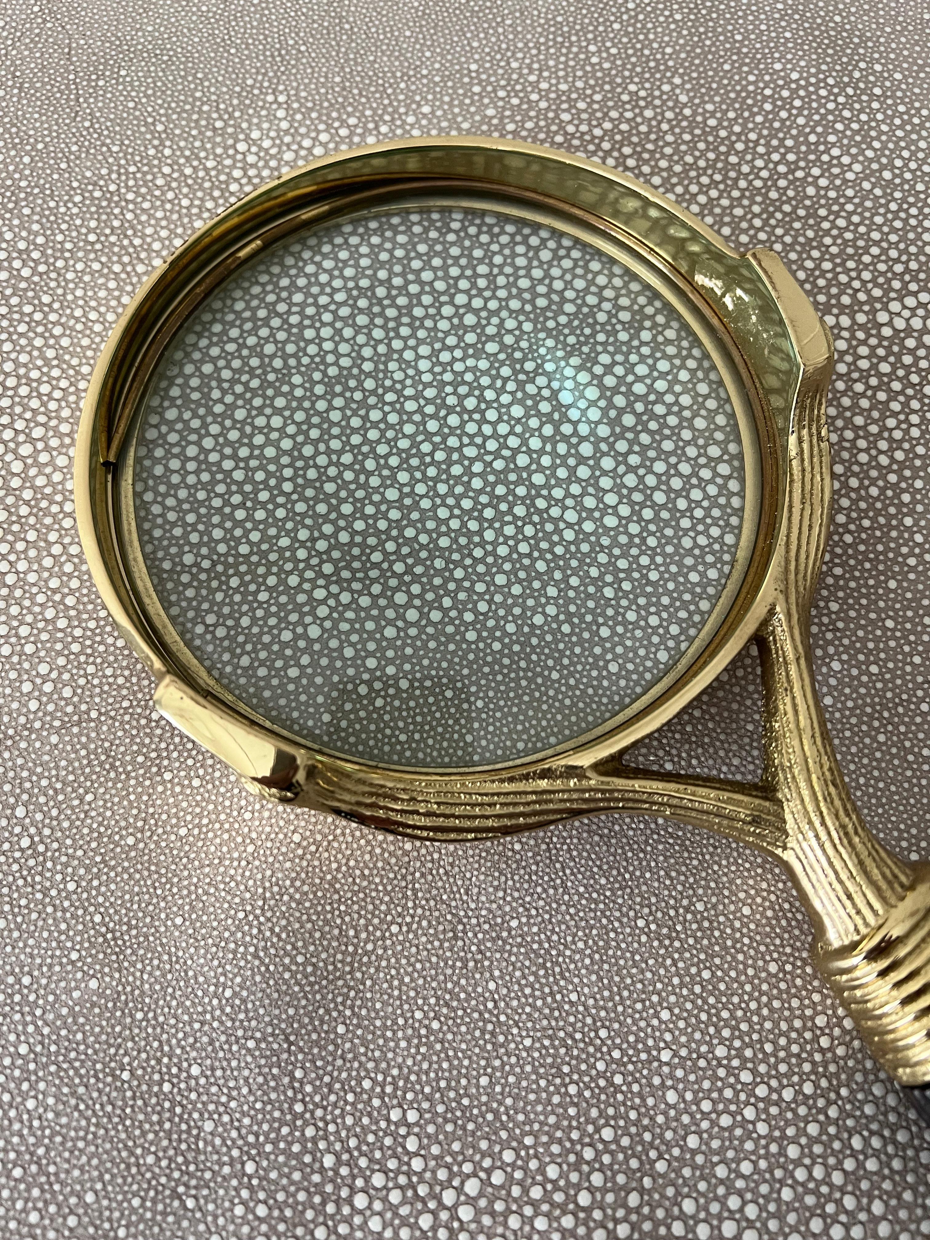 Patinated Brass Carved Magnifying Glass with Handle For Sale