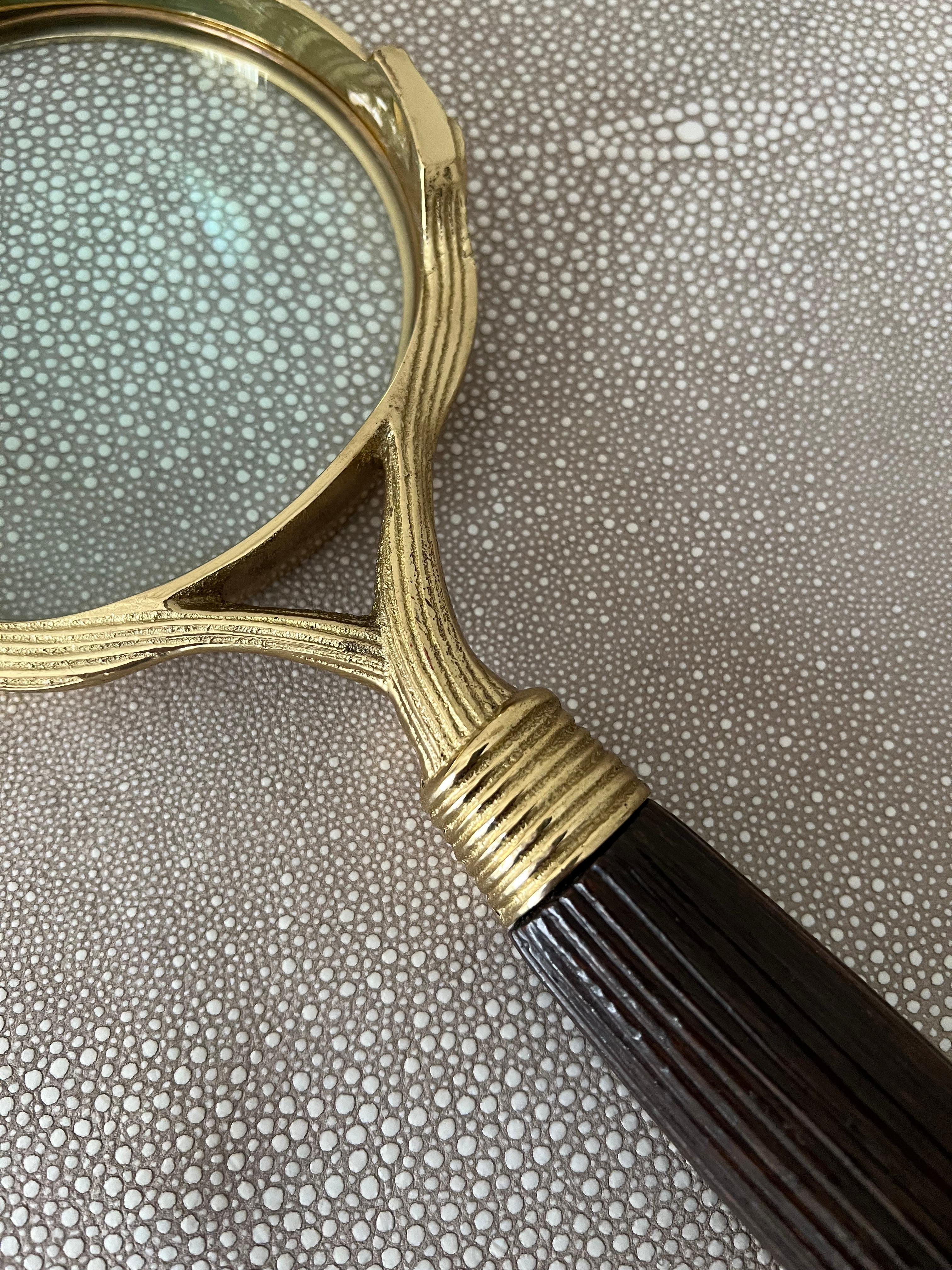 Patinated Brass Carved Magnifying Glass with Handle For Sale
