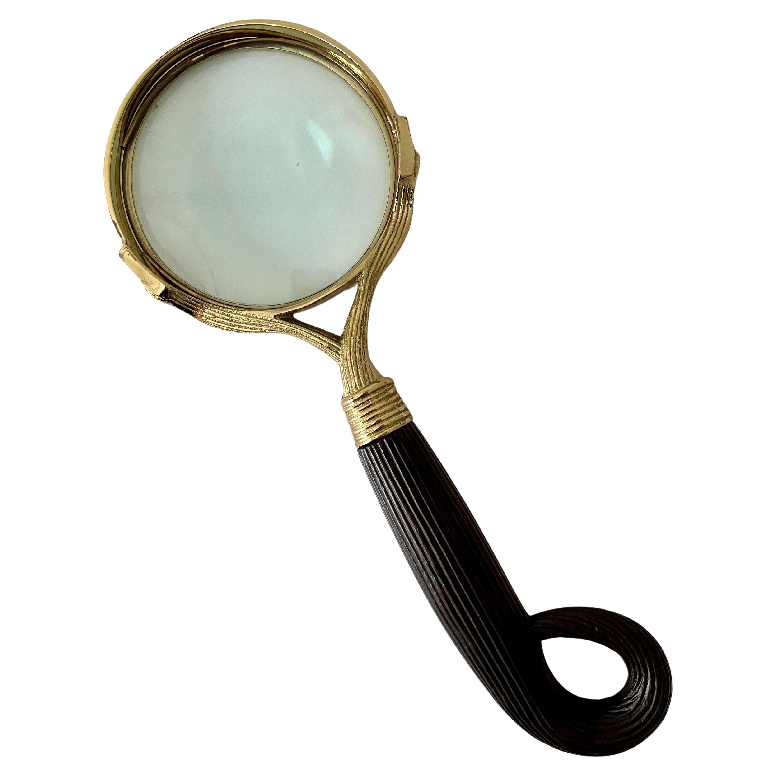 Brass Carved Magnifying Glass with Handle For Sale