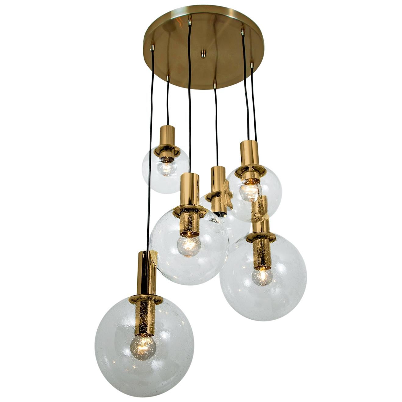 Amazing huge ceiling mount pendant light fixture with six globes or spheres in different sizes by Limburg Glashütte. High-end piece with hand blown spheres. 

The hand blown glass has small air bubbles in it, what gives a nice diffuse light effect