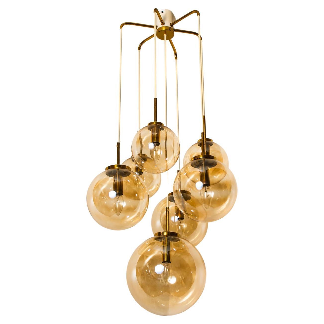 Brass Cascade with Seven Hand Blown Globes by Glashütte Limburg For Sale