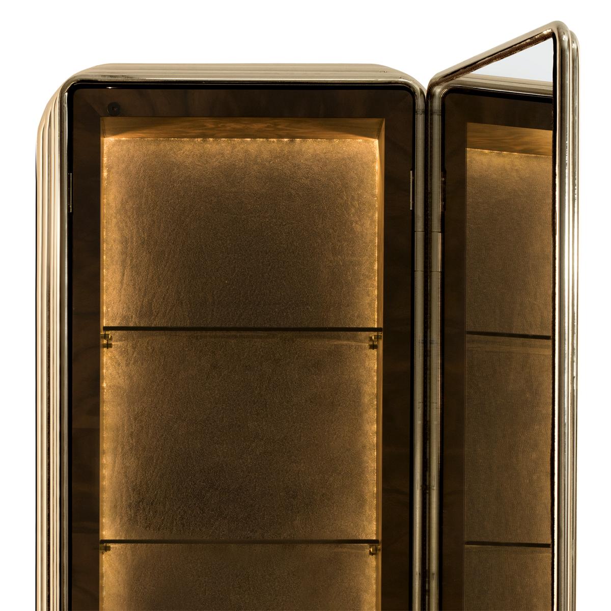 Brass Case Cabinet in Solid Walnut Root and Gold Plated Brass For Sale 1