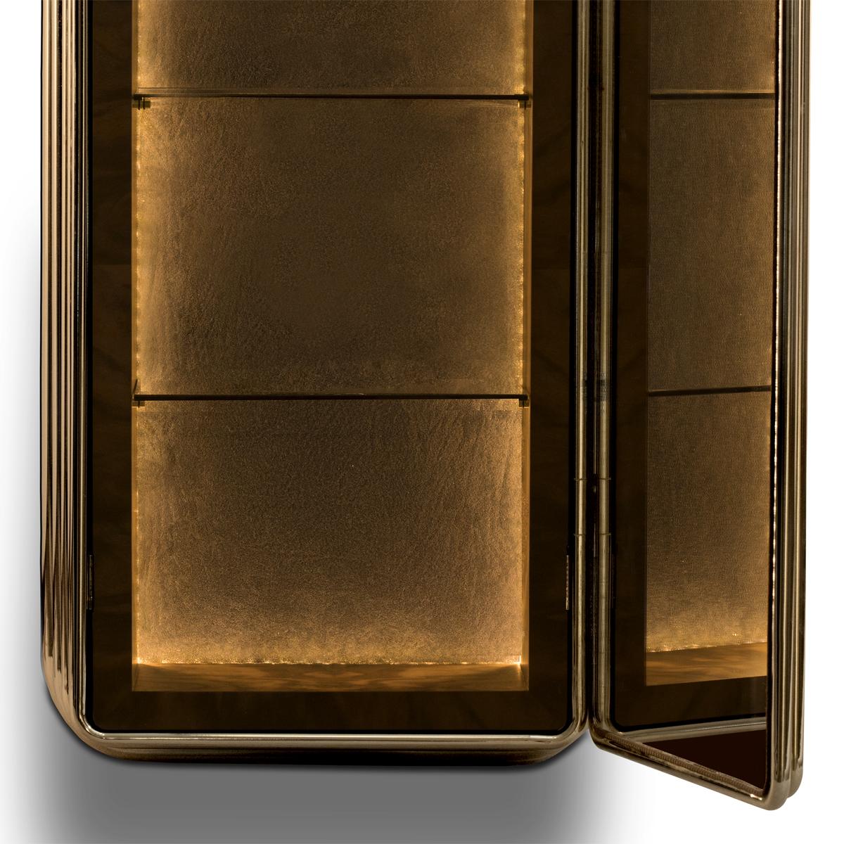 Brass Case Cabinet in Solid Walnut Root and Gold Plated Brass For Sale 2