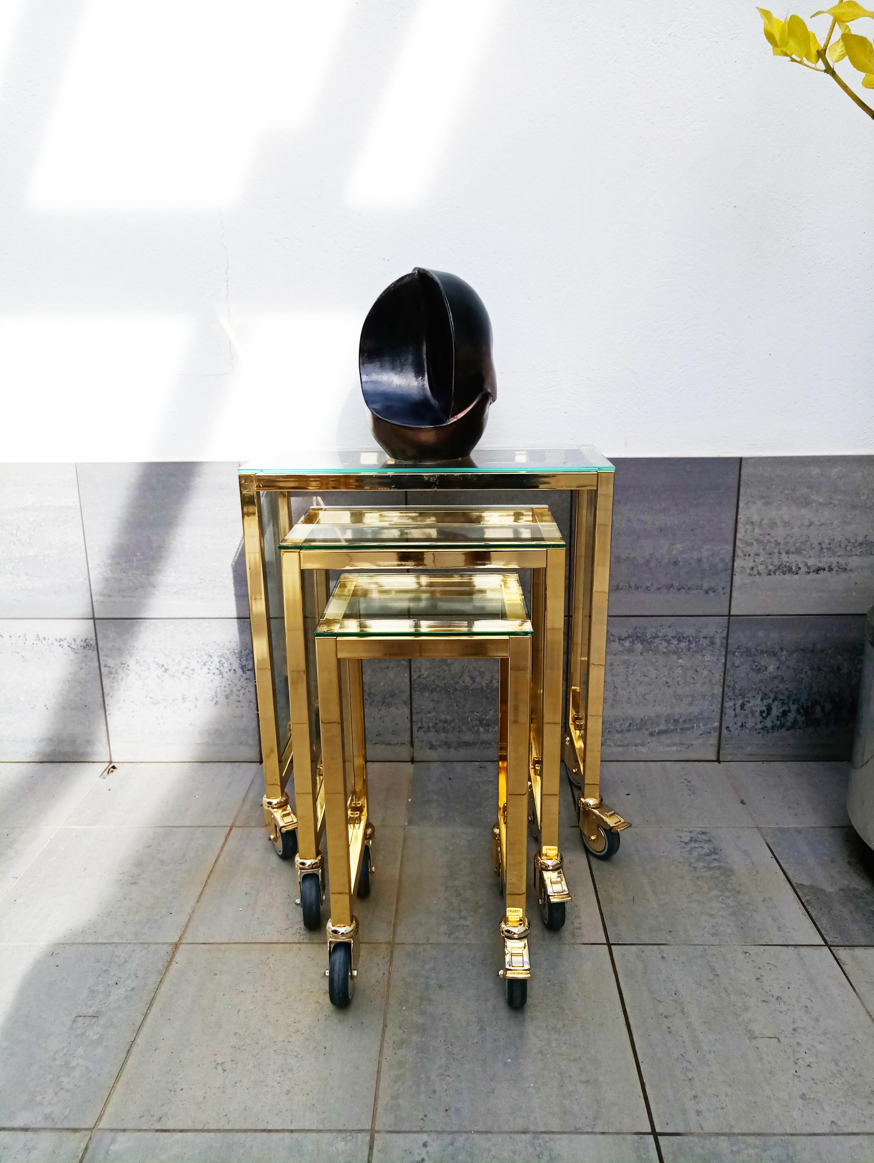 Brass Casters Nesting Tables, Italy, 1970s 5