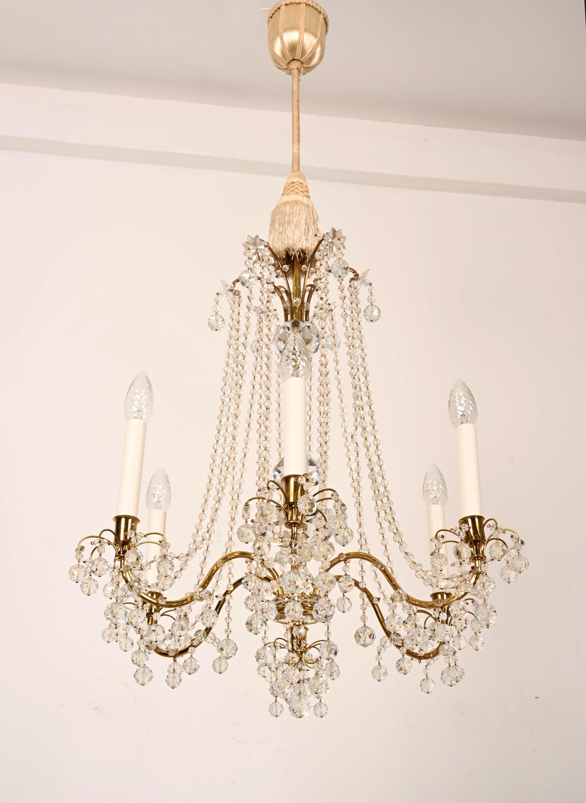 Mid-Century Modern Brass Cat Crystal Chandelier by J.L Lobmeyr For Sale