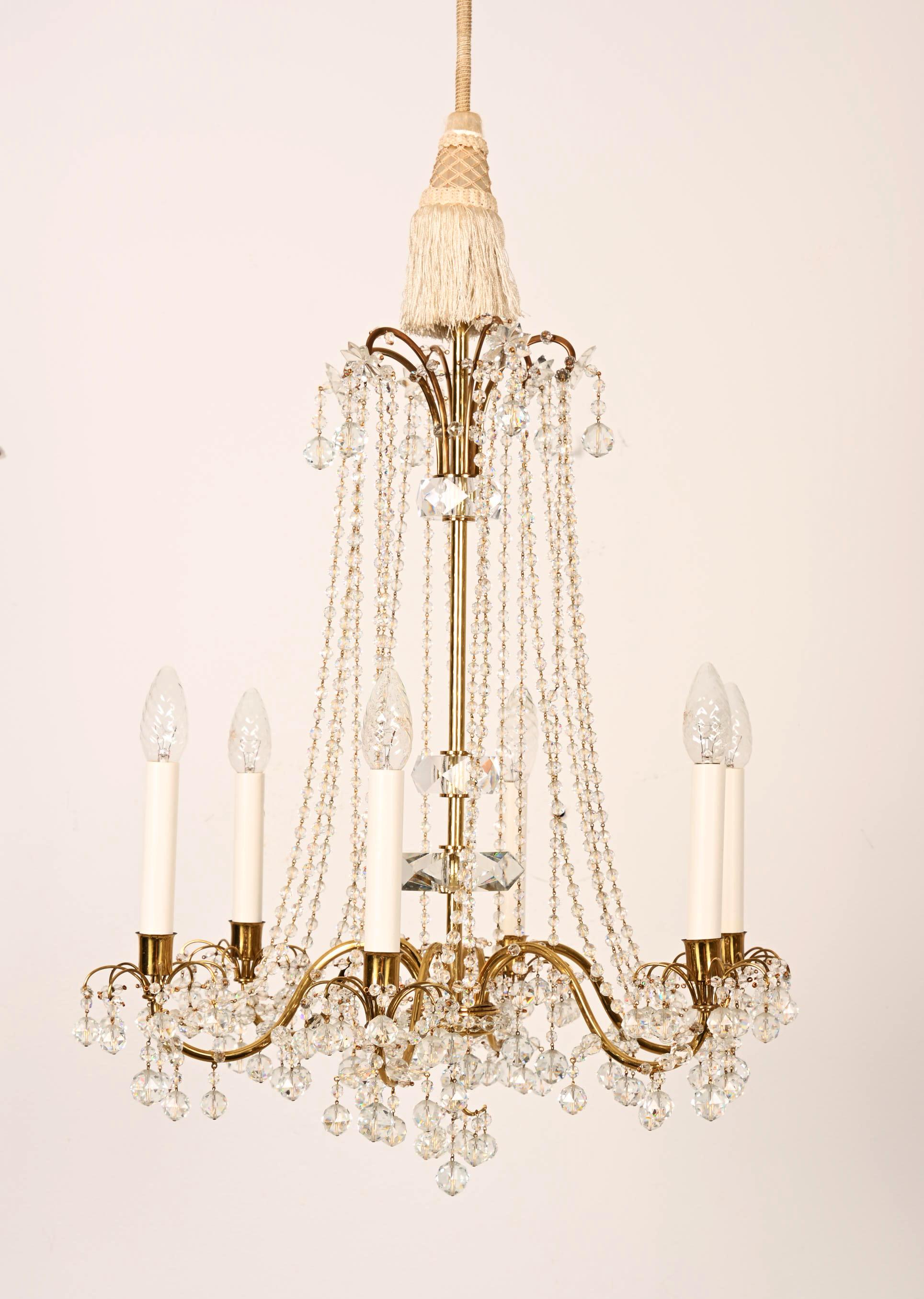 Mid-20th Century Brass Cat Crystal Chandelier by J.L Lobmeyr For Sale