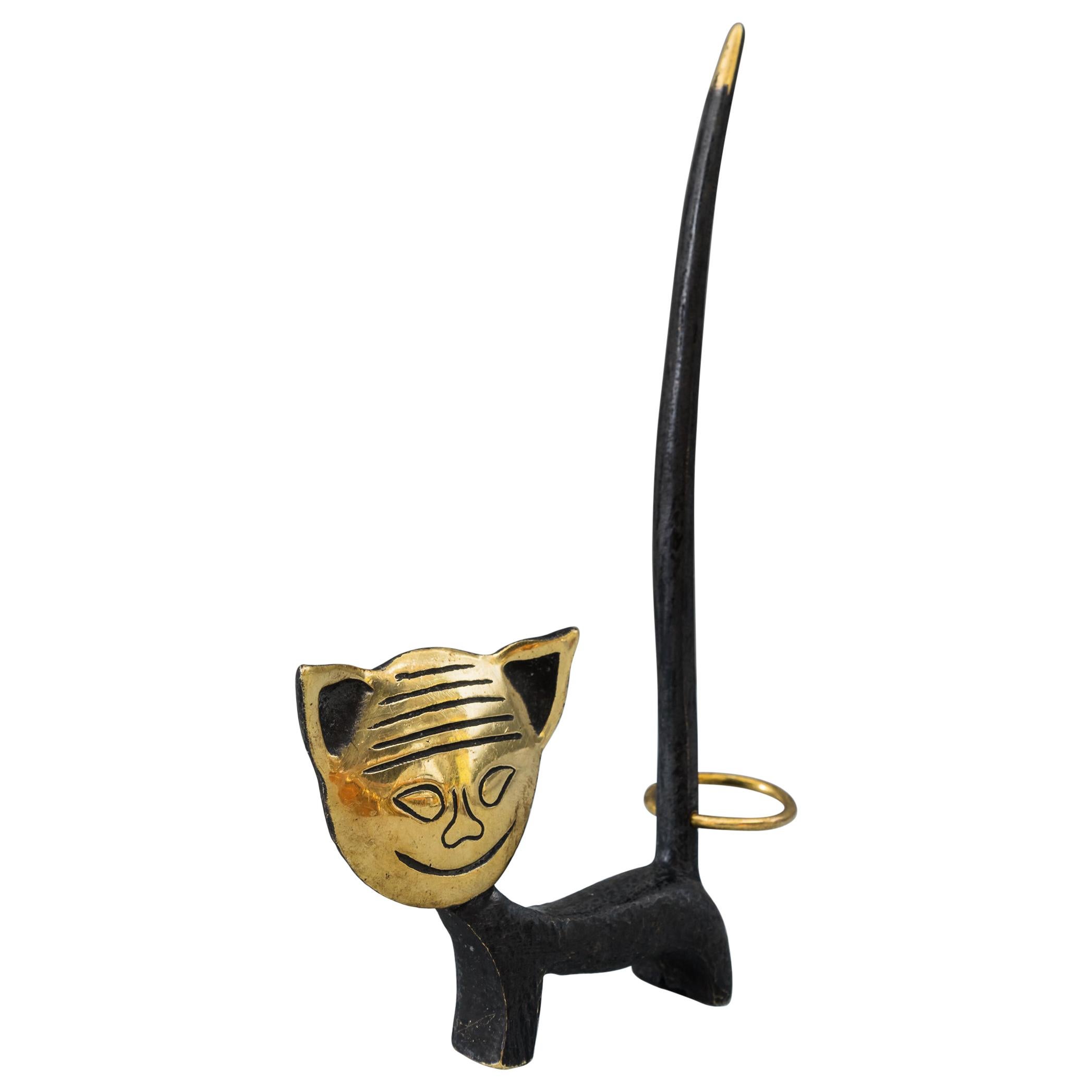 Brass Cat Figurine Pretzel Holder, Ring Holder Attributed to Richard Rohac