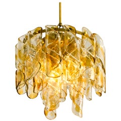 Vintage Brass Cear and Amber Spiral Glass "Torciglione" Chandelier by Mazzega, 1970