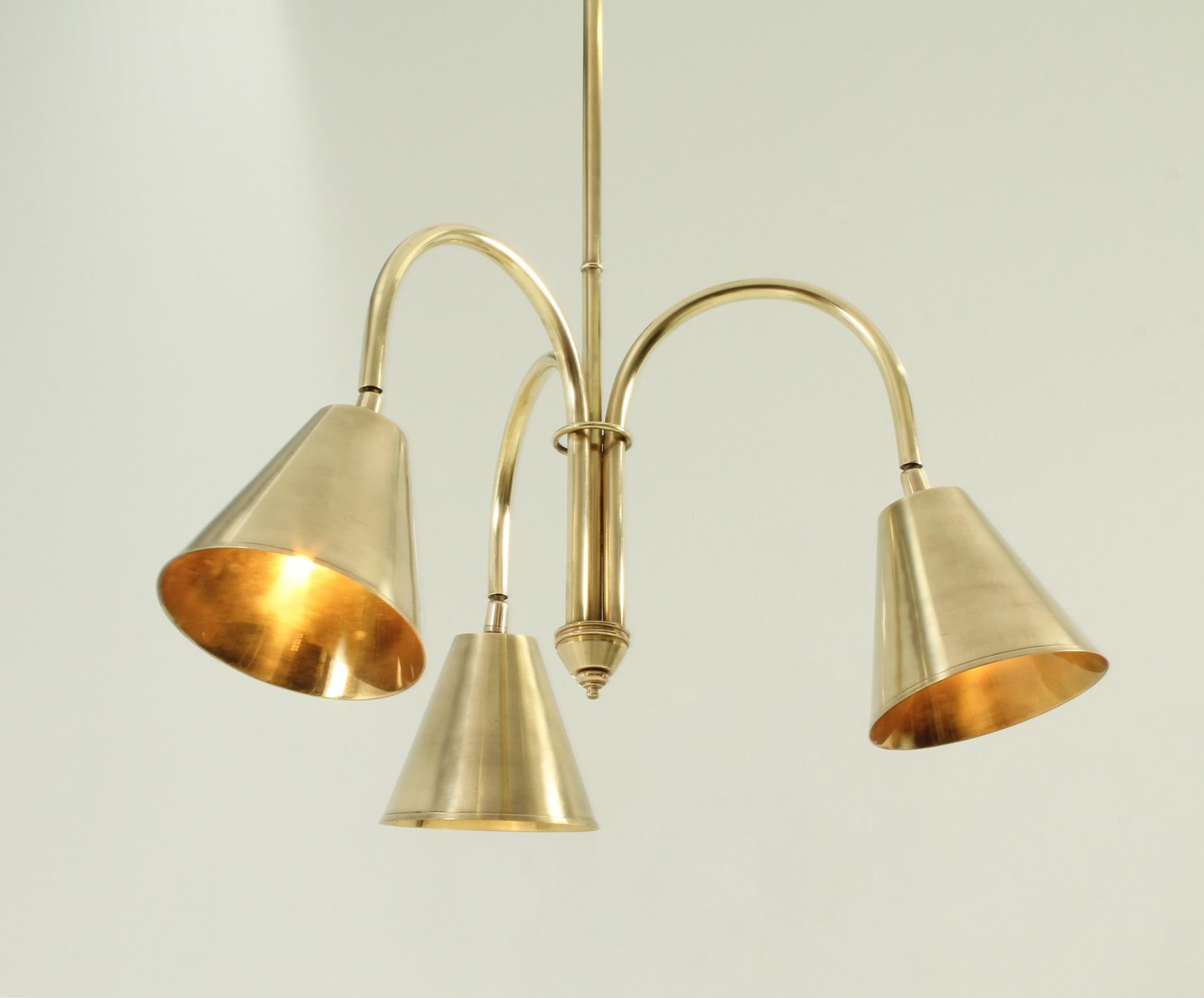 Very rare ceiling lamp produced in 1950's by Valenti, Spain. Edition entirely in brass with a ball joint in each shade that allows movement. Signed.