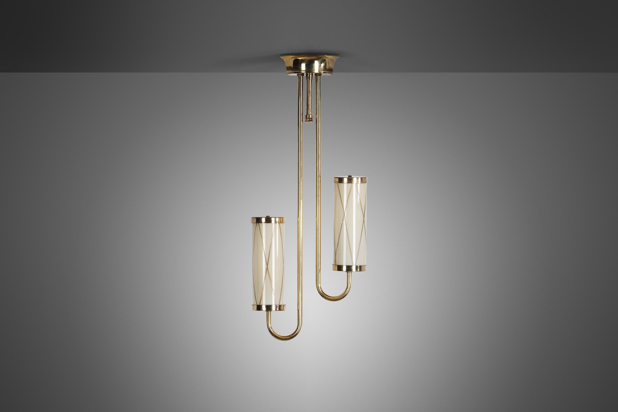 Mid-Century Modern Brass Ceiling Lamp with Decorative Cylindrical Glass Shades, Europe Ca 1950s For Sale