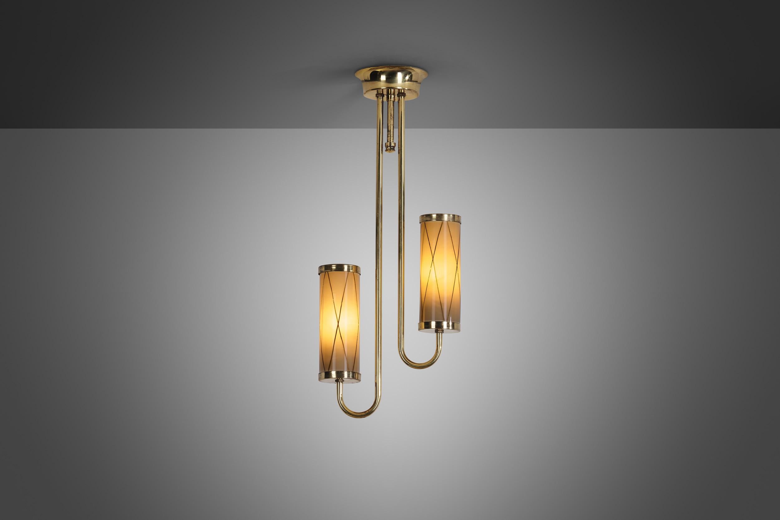 European Brass Ceiling Lamp with Decorative Cylindrical Glass Shades, Europe Ca 1950s For Sale