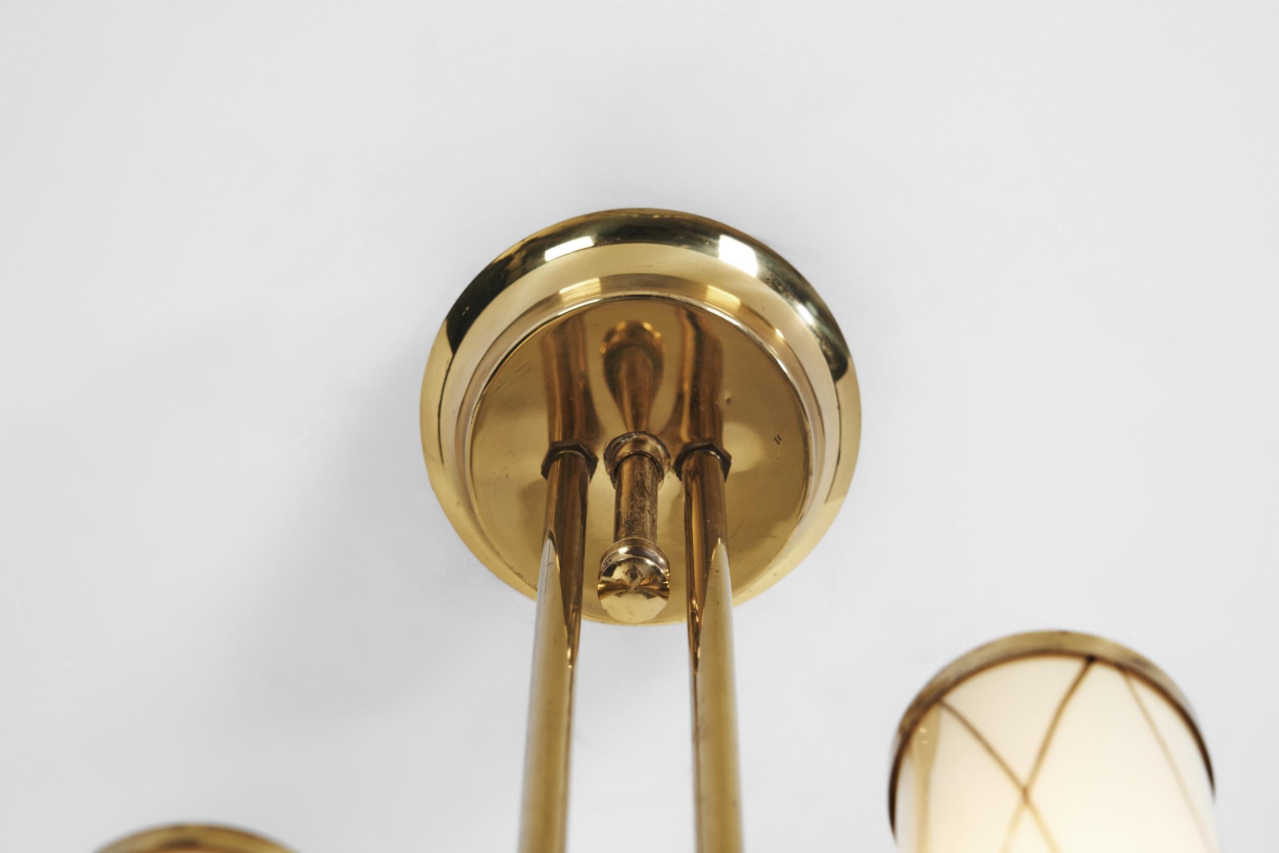 Brass Ceiling Lamp with Decorative Cylindrical Glass Shades, Europe Ca 1950s For Sale 2