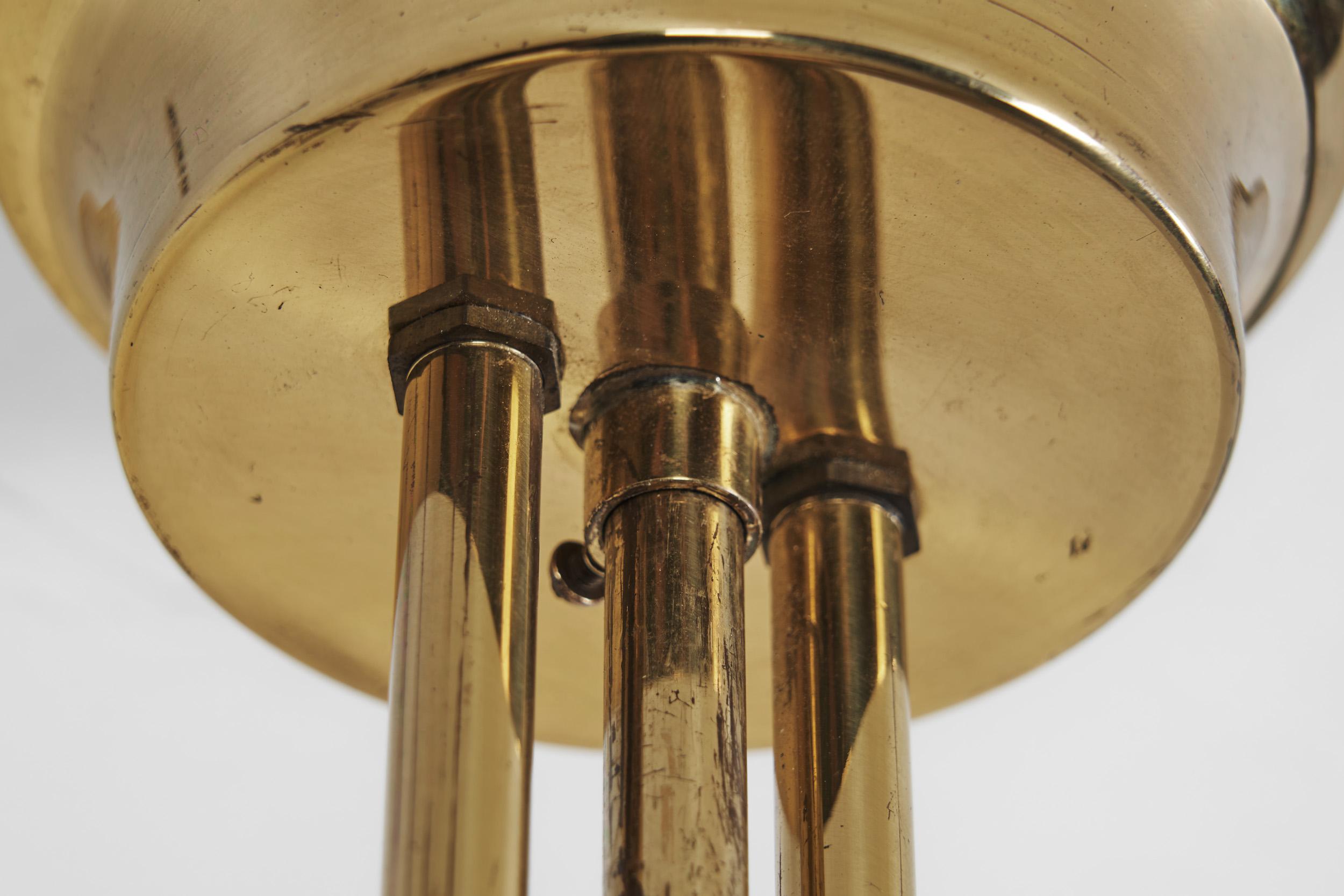 Brass Ceiling Lamp with Decorative Cylindrical Glass Shades, Europe Ca 1950s For Sale 3
