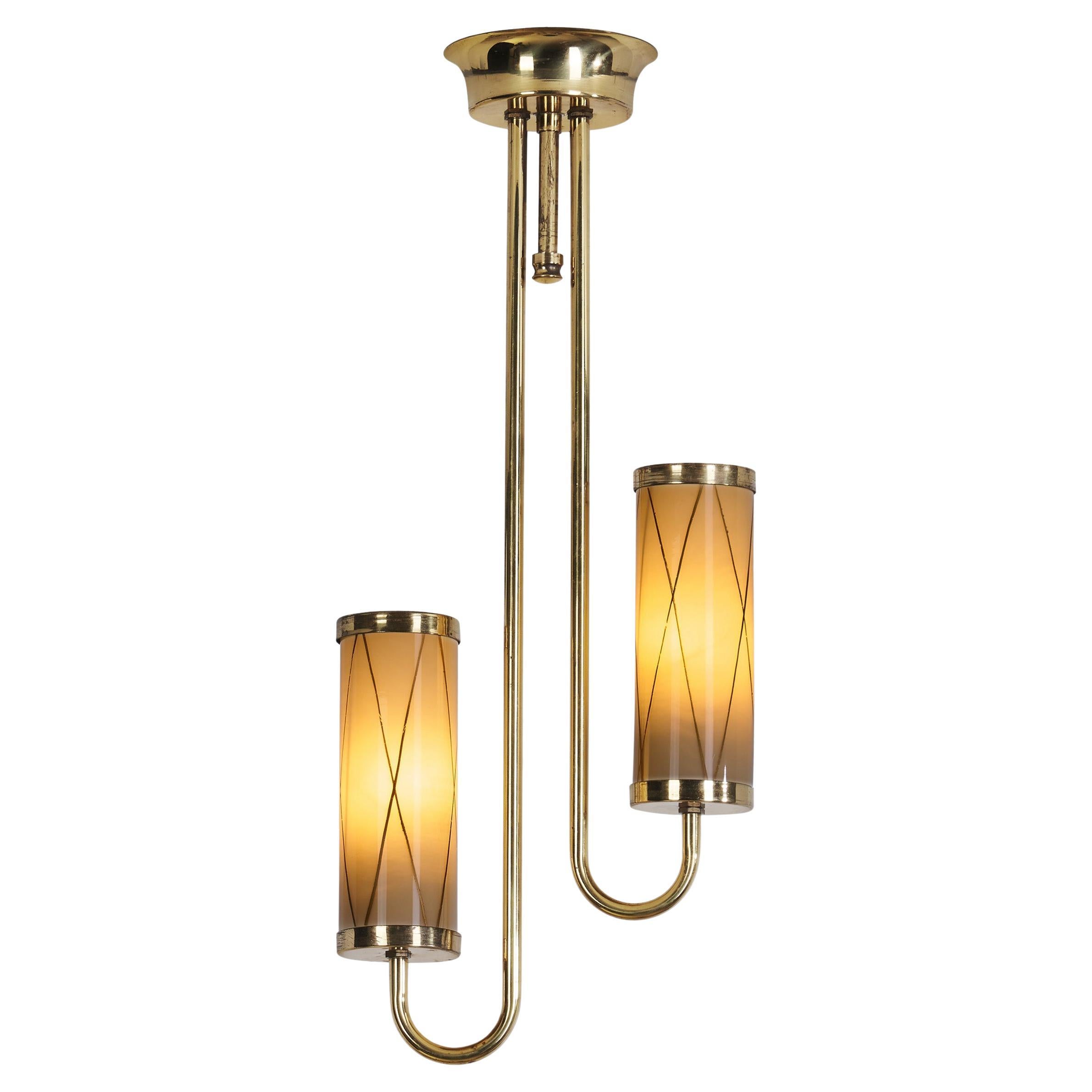 Brass Ceiling Lamp with Decorative Cylindrical Glass Shades, Europe Ca 1950s For Sale