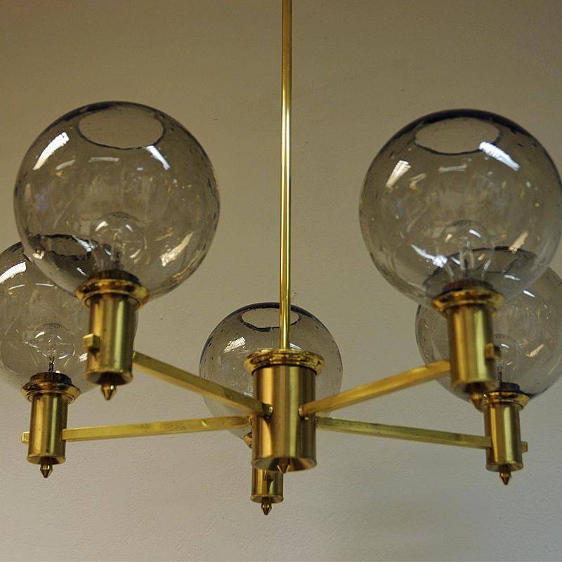 Scandinavian Modern Brass Ceiling Lamp with Five Smokey Glassdomes 1960s, Scandinavia