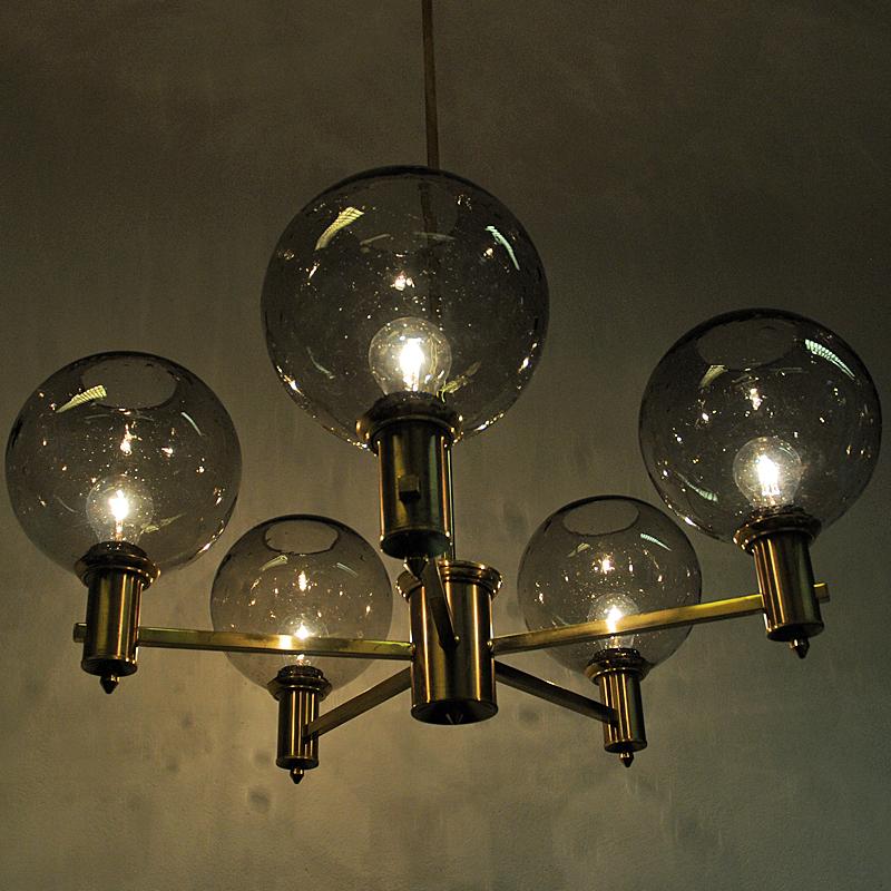 Polished Brass Ceiling Lamp with Five Smokey Glassdomes 1960s, Scandinavia