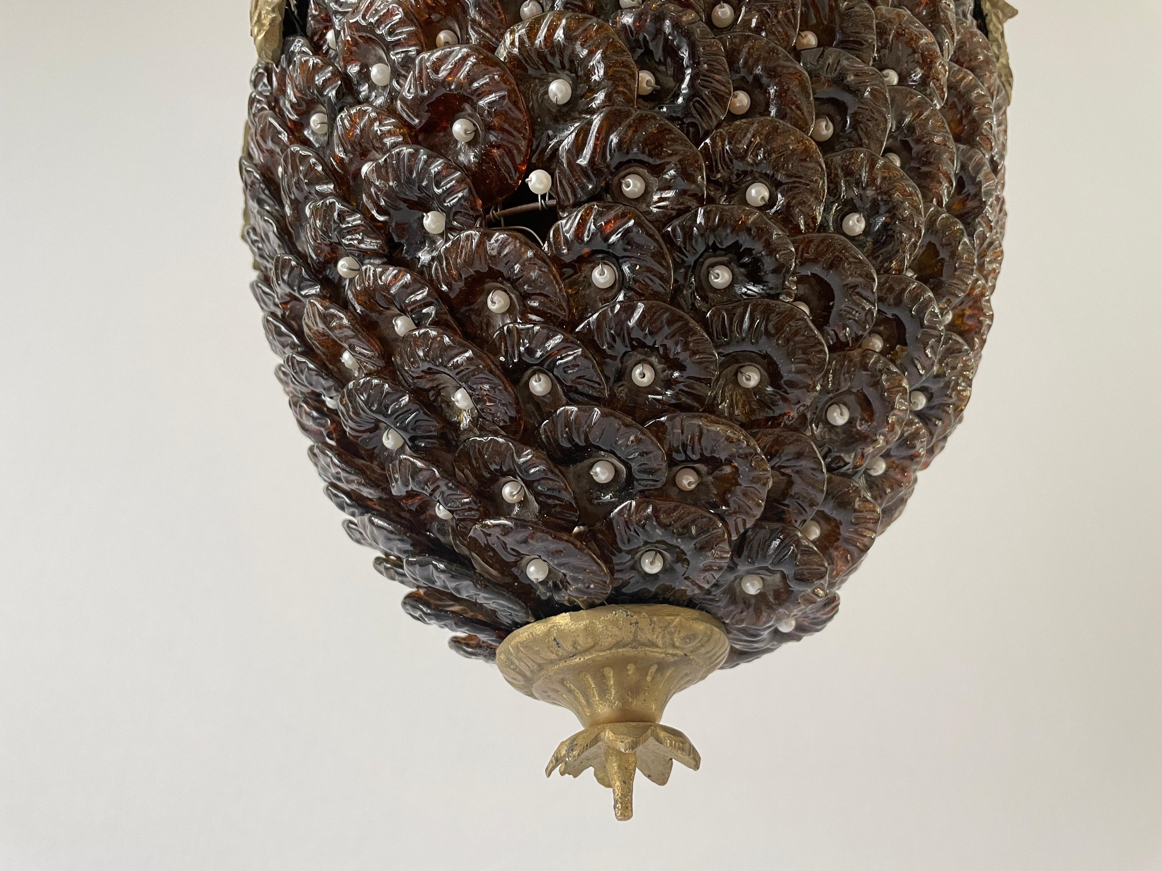 Tedesco Lampada da soffitto in ottone con pietre di vetro, anni '70, Germania in vendita