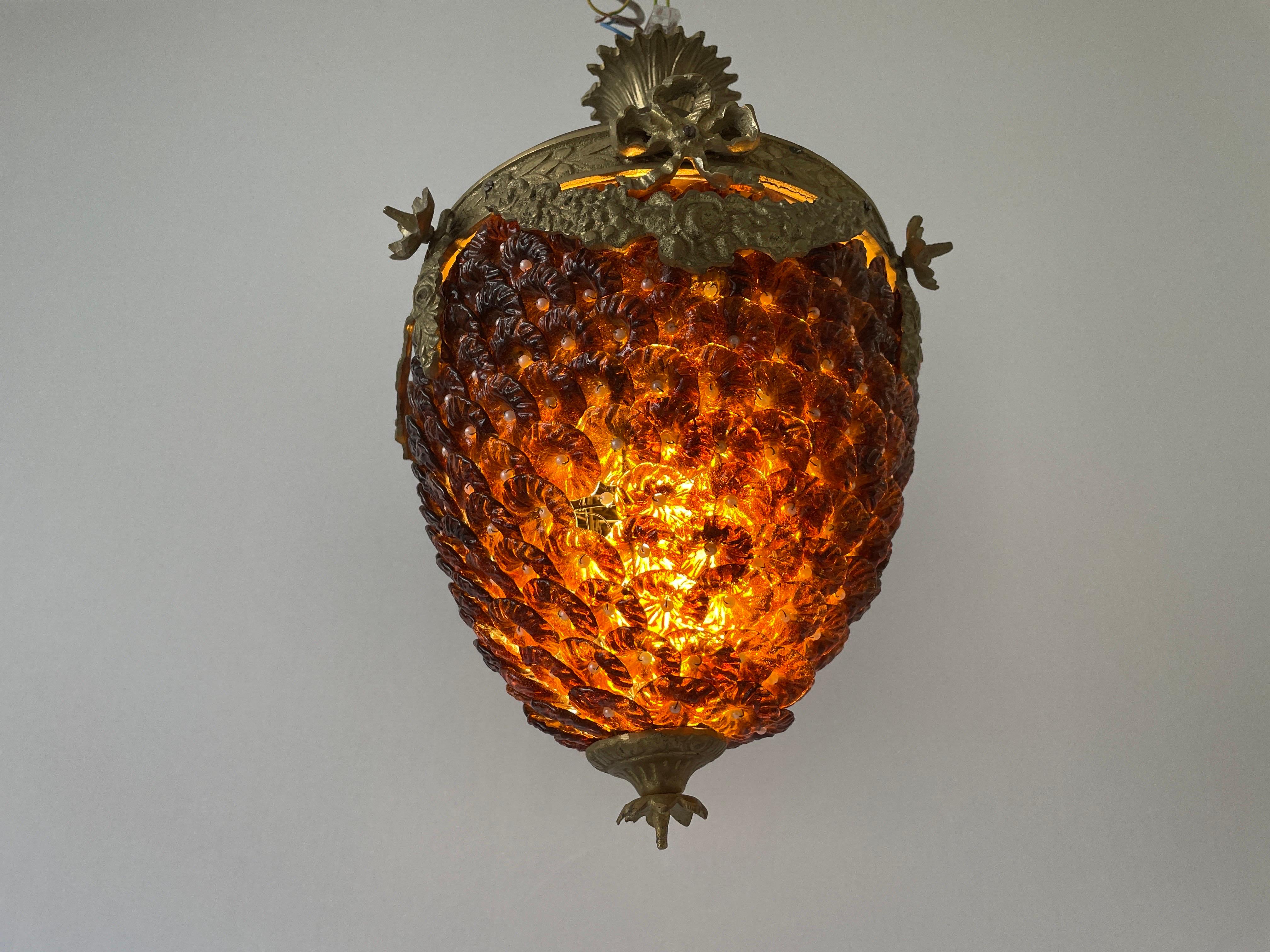 Lampada da soffitto in ottone con pietre di vetro, anni '70, Germania in vendita 1