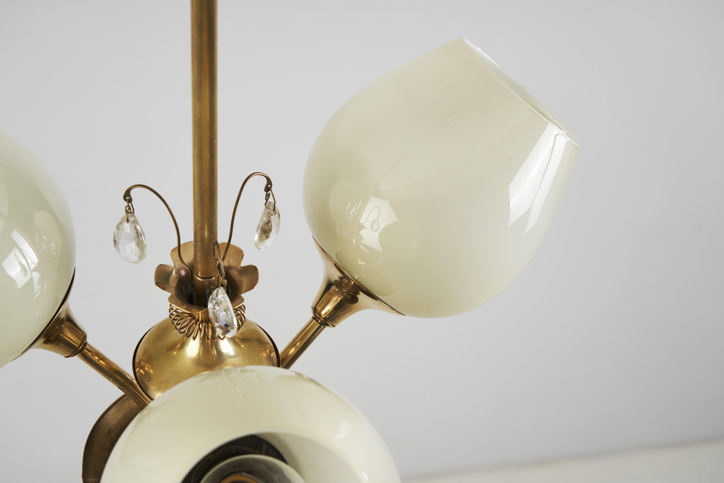 Brass Ceiling Lamp with Opal Shades by Itsu 'Attr.', Finland, ca 1950s For Sale 9