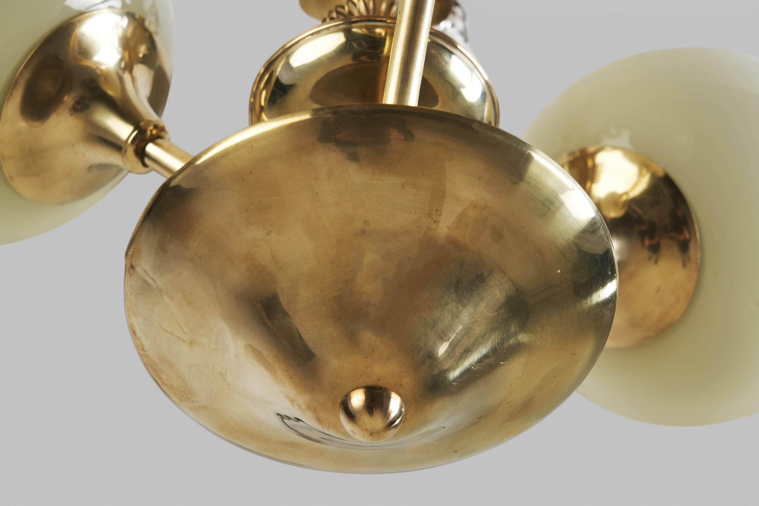 Brass Ceiling Lamp with Opal Shades by Itsu 'Attr.', Finland, ca 1950s For Sale 12