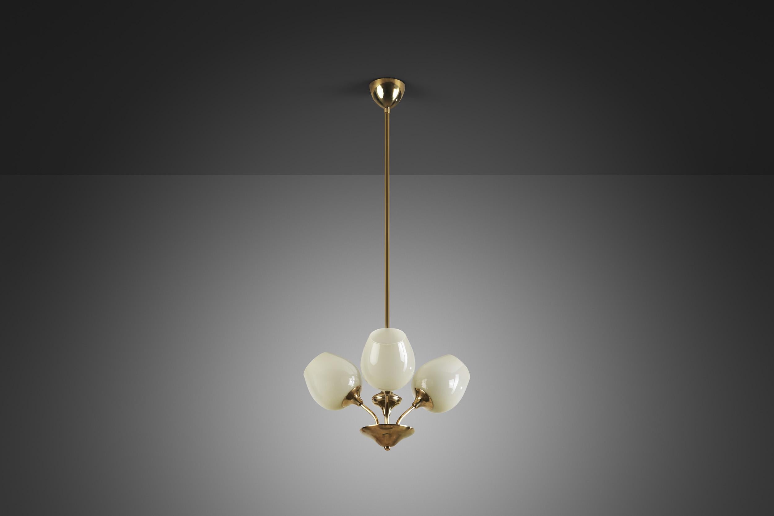 Mid-Century Modern Brass Ceiling Lamp with Opal Shades by Itsu 'Attr.', Finland, ca 1950s For Sale