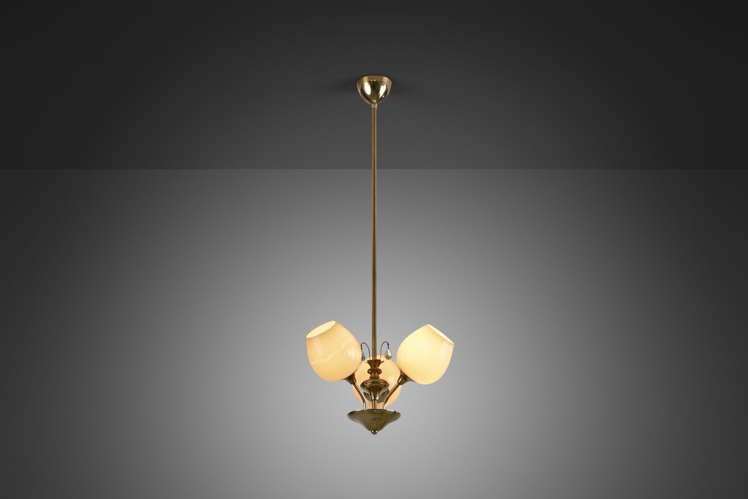 Finnish Brass Ceiling Lamp with Opal Shades by Itsu 'Attr.', Finland, ca 1950s For Sale