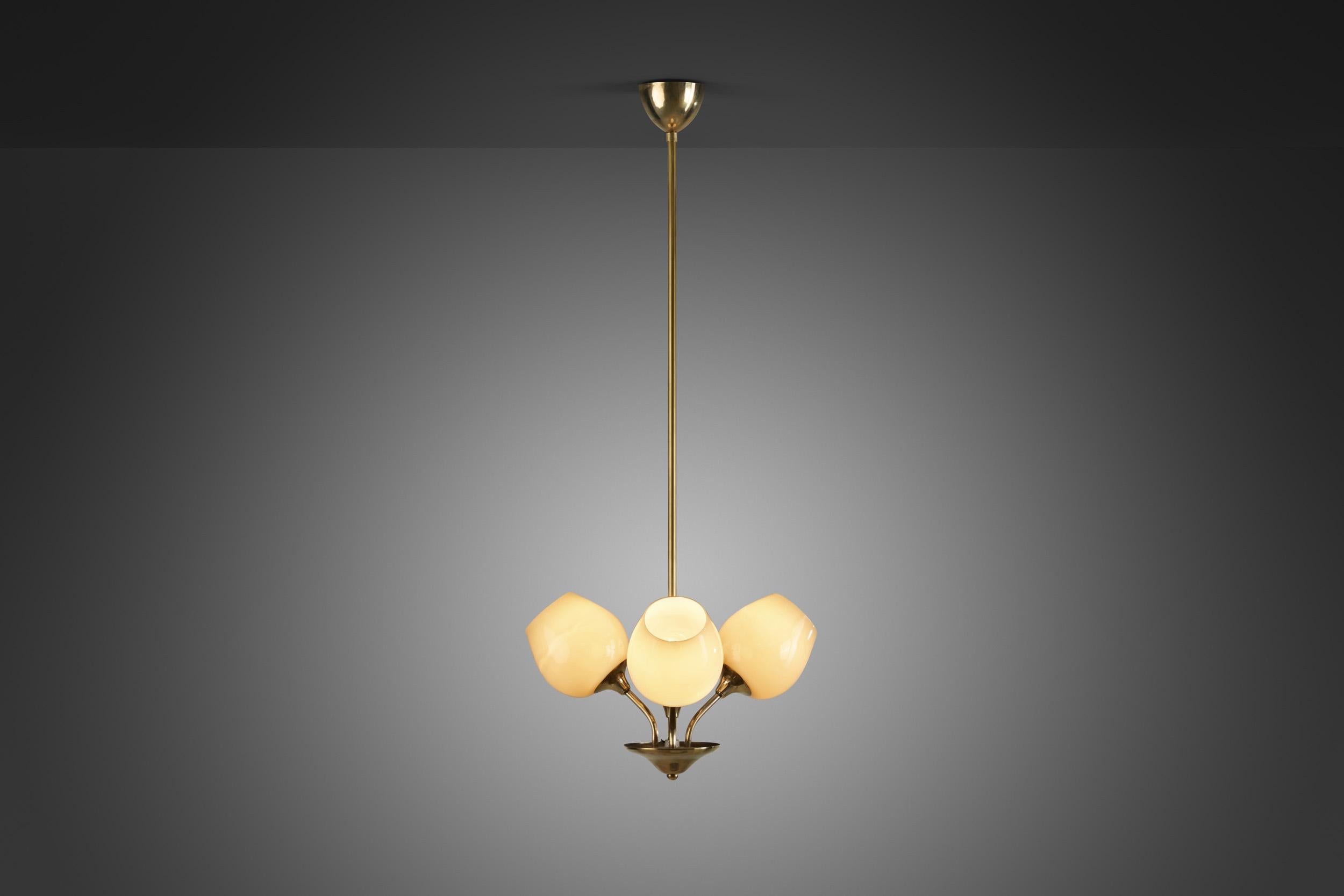 Mid-20th Century Brass Ceiling Lamp with Opal Shades by Itsu 'Attr.', Finland, ca 1950s For Sale