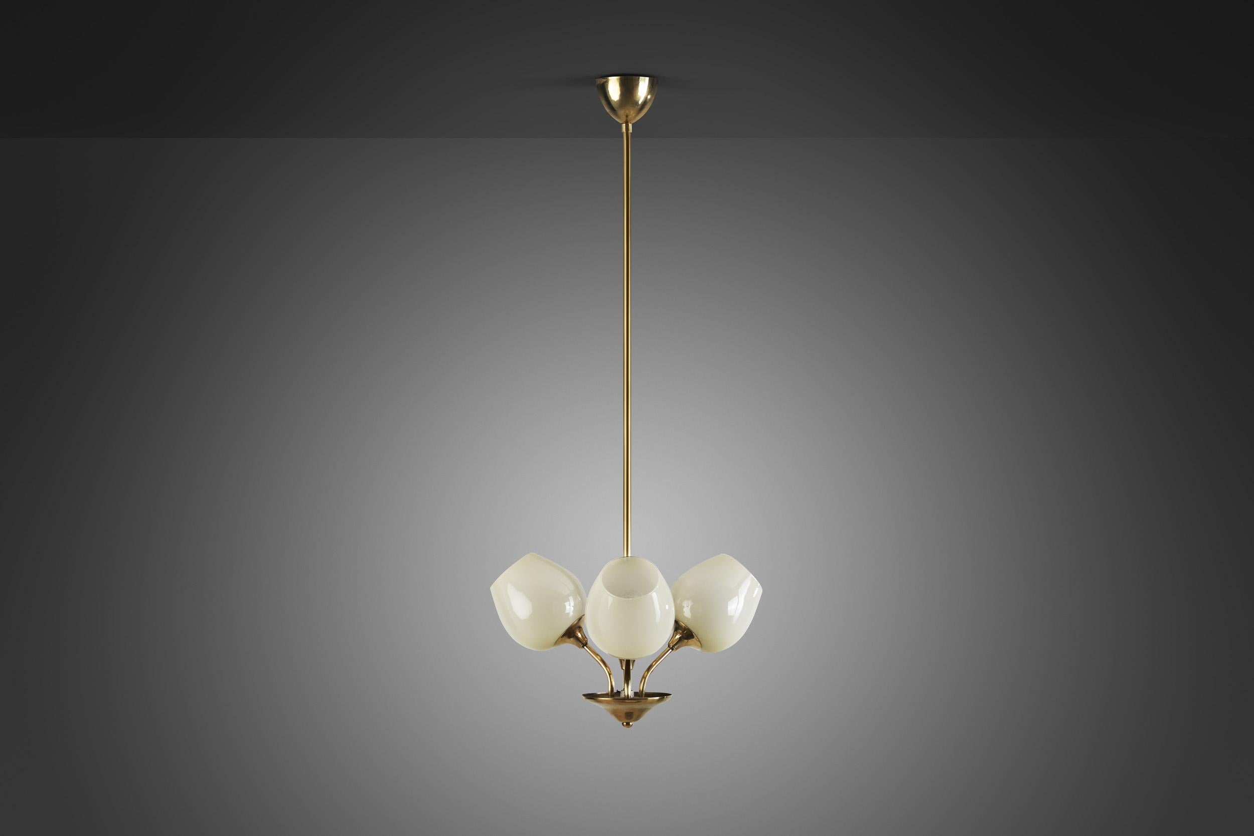 Brass Ceiling Lamp with Opal Shades by Itsu 'Attr.', Finland, ca 1950s For Sale 1