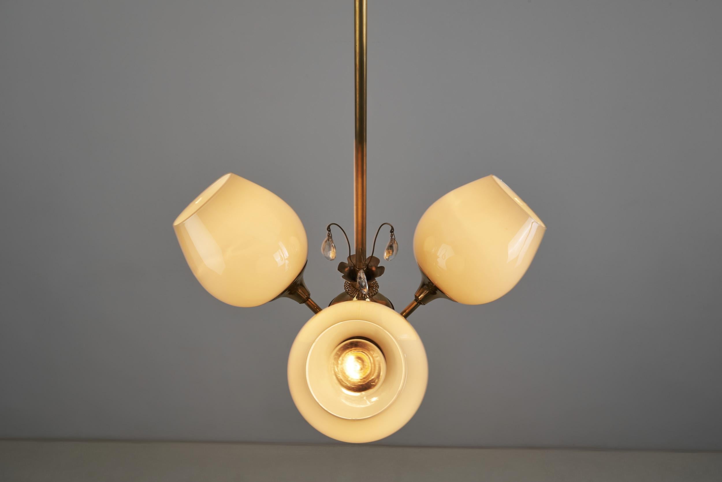 Brass Ceiling Lamp with Opal Shades by Itsu 'Attr.', Finland, ca 1950s For Sale 3