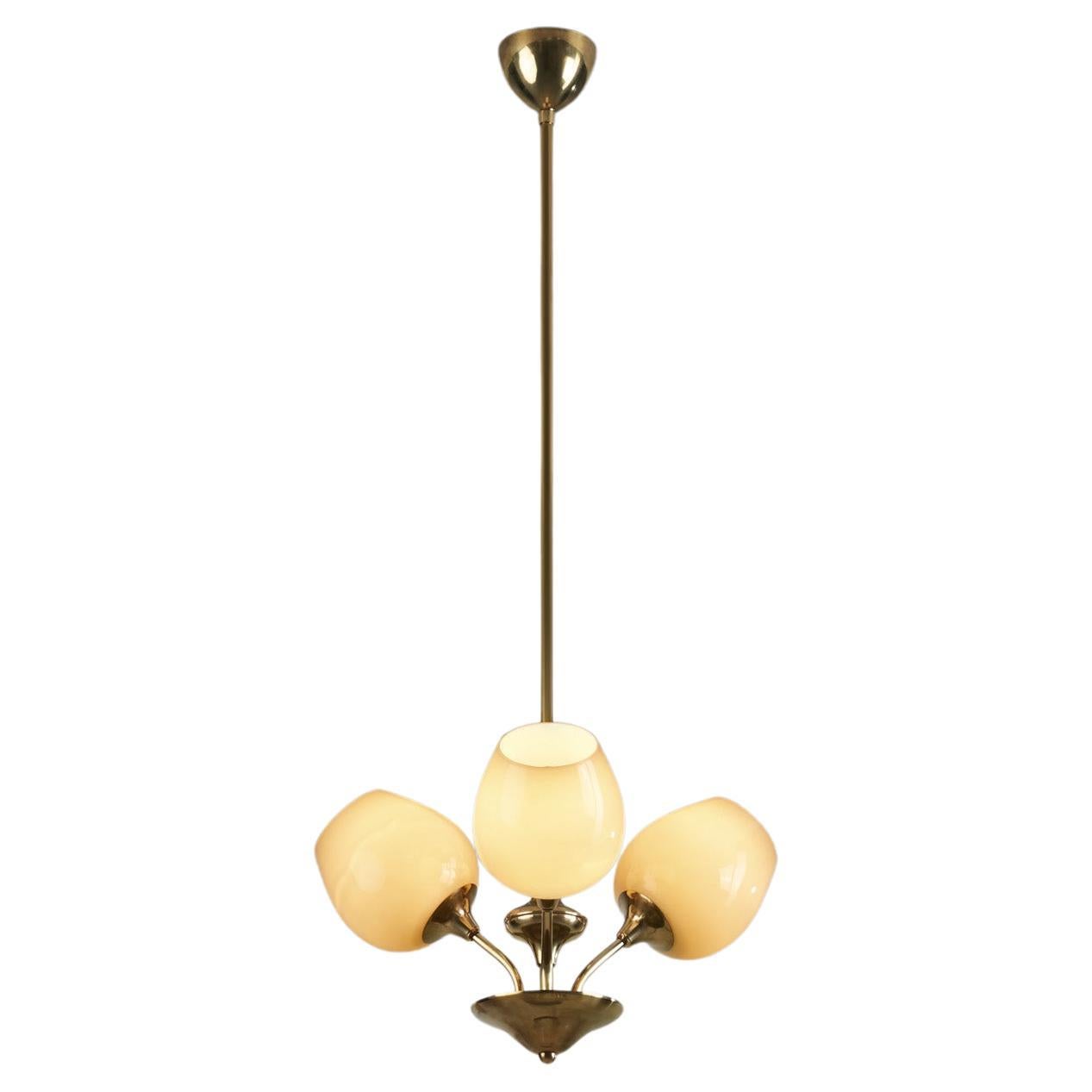 Brass Ceiling Lamp with Opal Shades by Itsu 'Attr.', Finland, ca 1950s