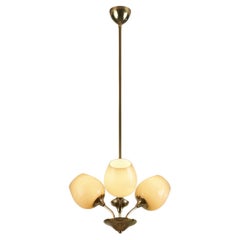 Vintage Brass Ceiling Lamp with Opal Shades by Itsu 'Attr.', Finland, ca 1950s