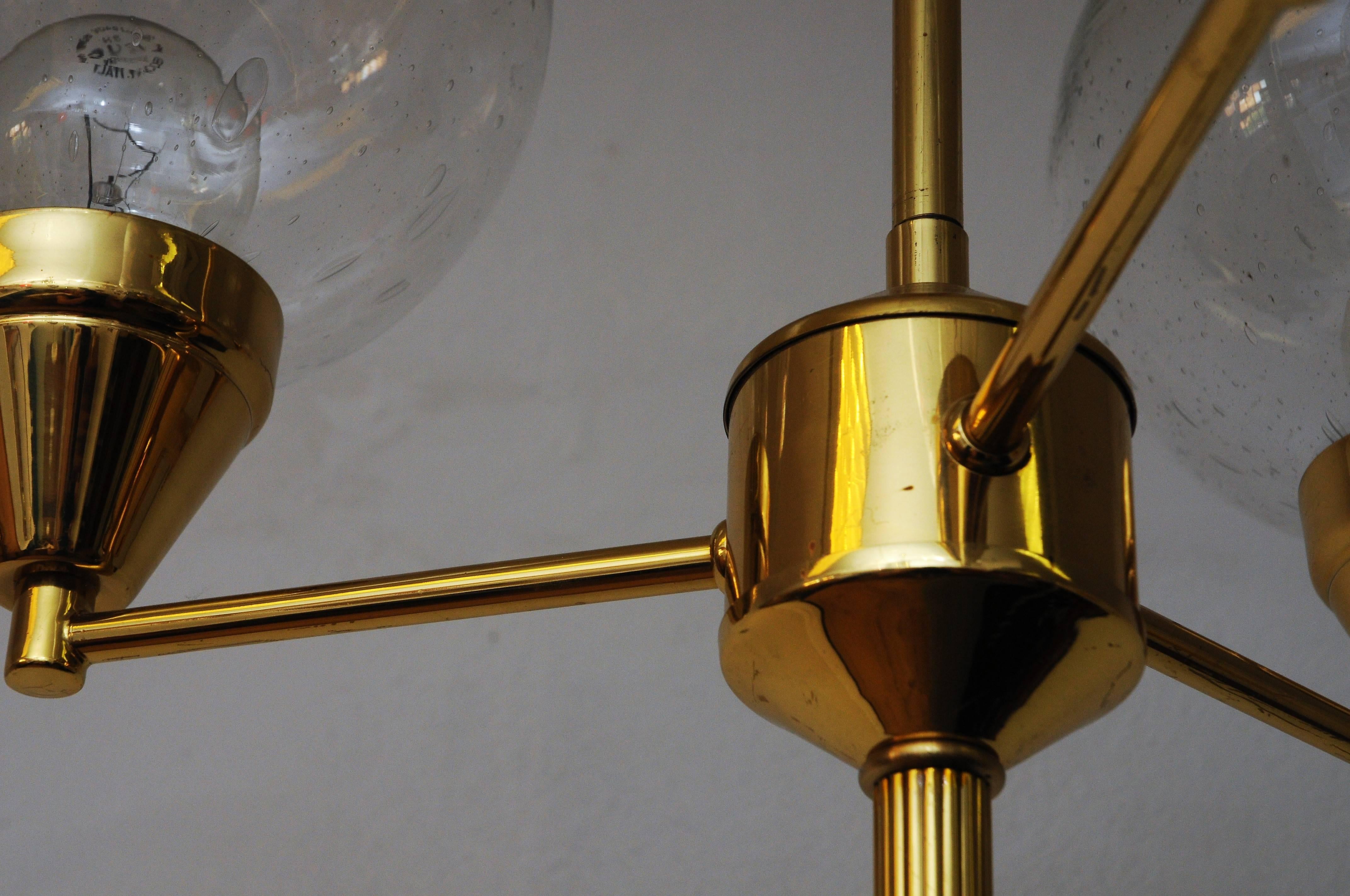 Mid-20th Century Brass Ceiling Lamp with Three Clear Glass Domes 1960s, Sweden