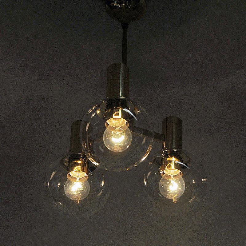 Scandinavian Modern Brass Ceiling Lamp with Three Downwards Glass Domes, 1960s, Sweden