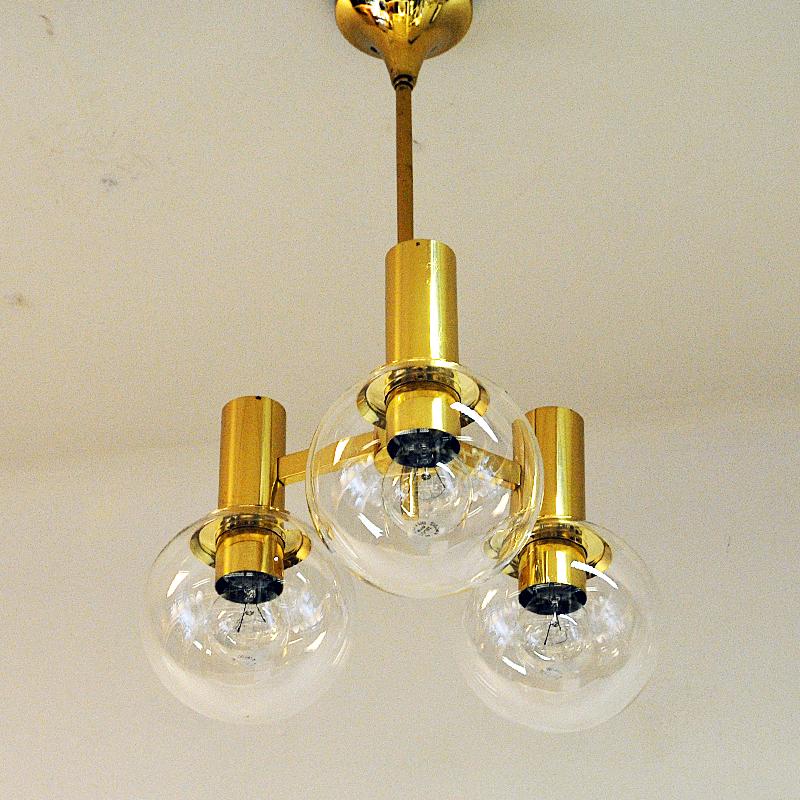 Mid-20th Century Brass Ceiling Lamp with Three Downwards Glass Domes, 1960s, Sweden