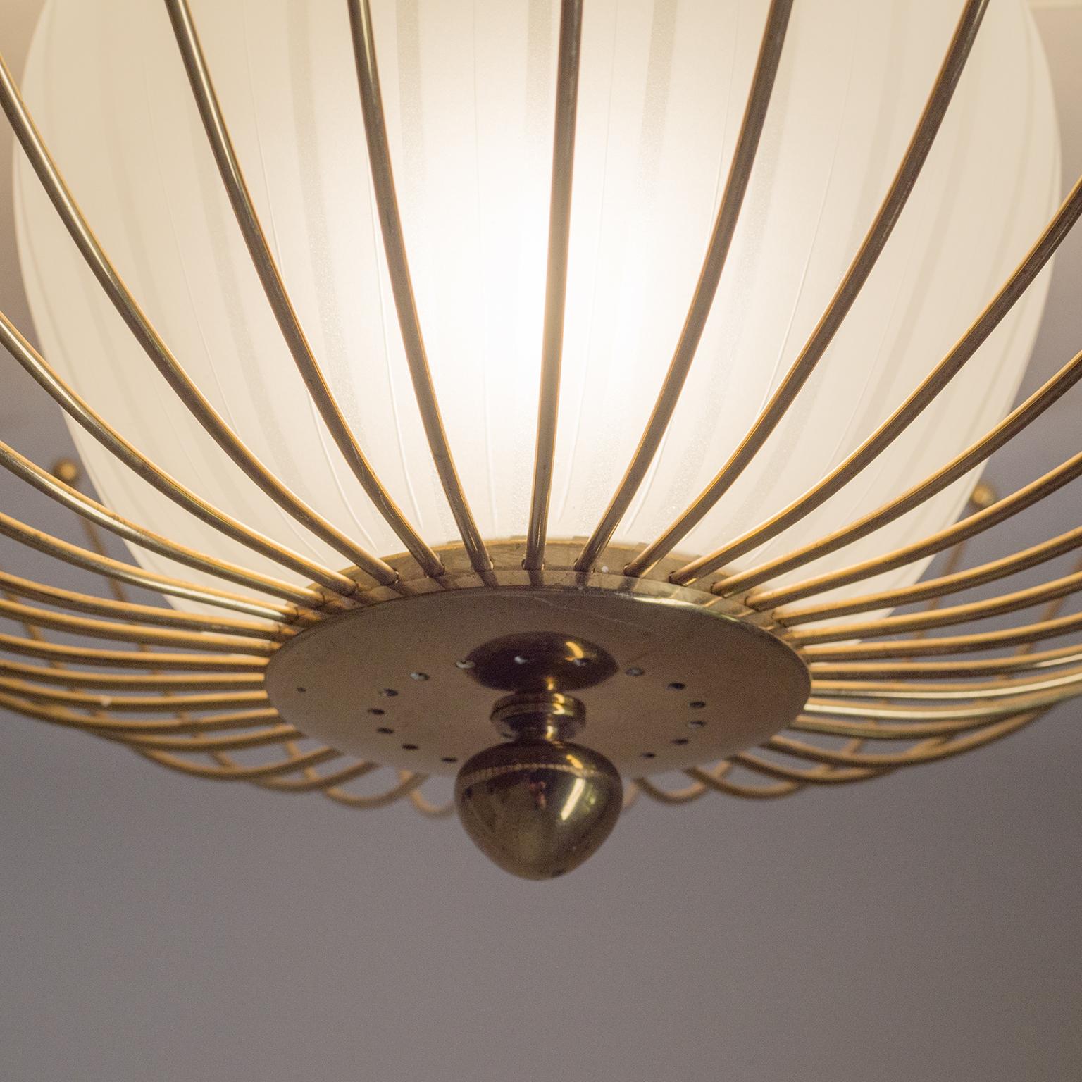 German Brass Ceiling Light, 1940s, Striped Glass