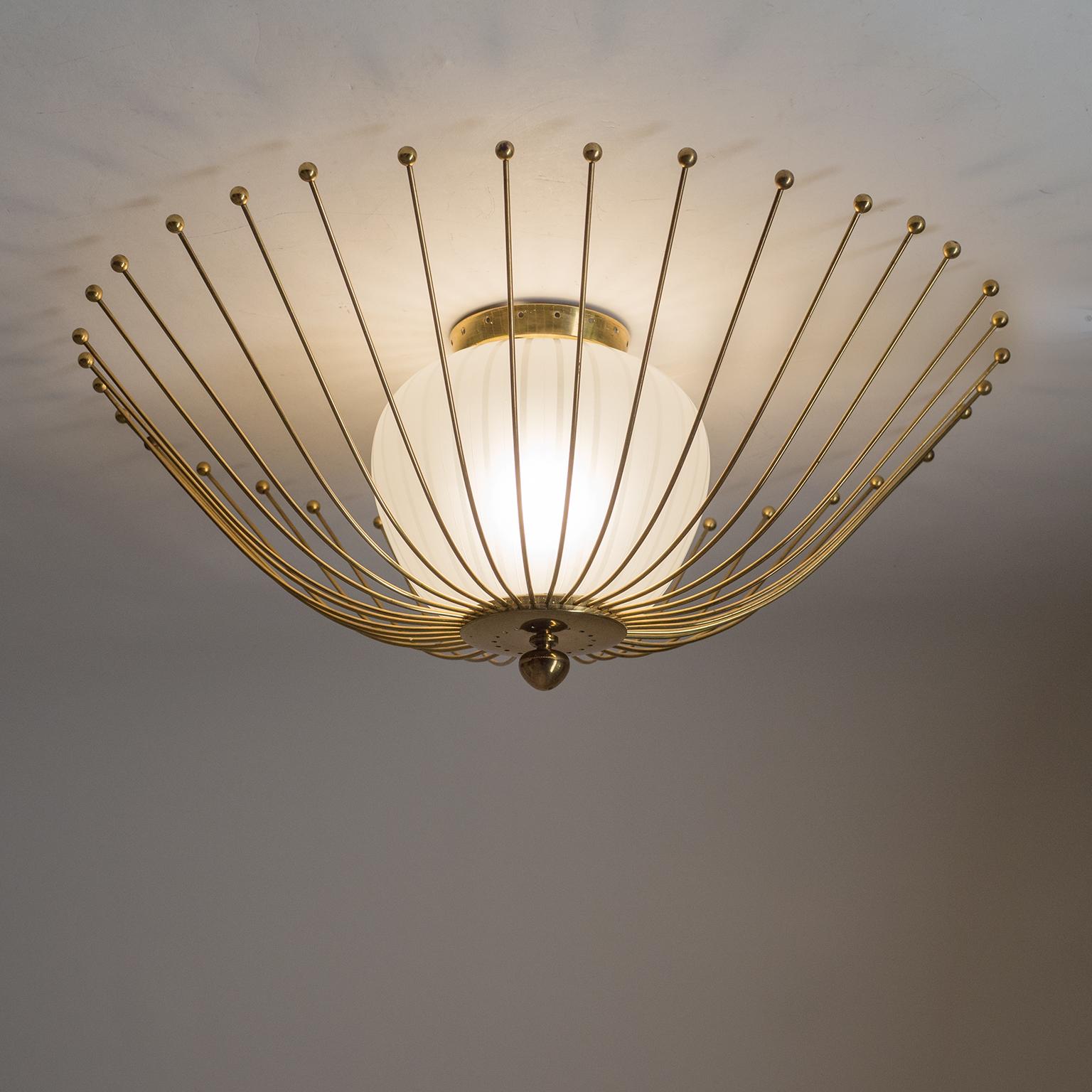 Brass Ceiling Light, 1940s, Striped Glass 3