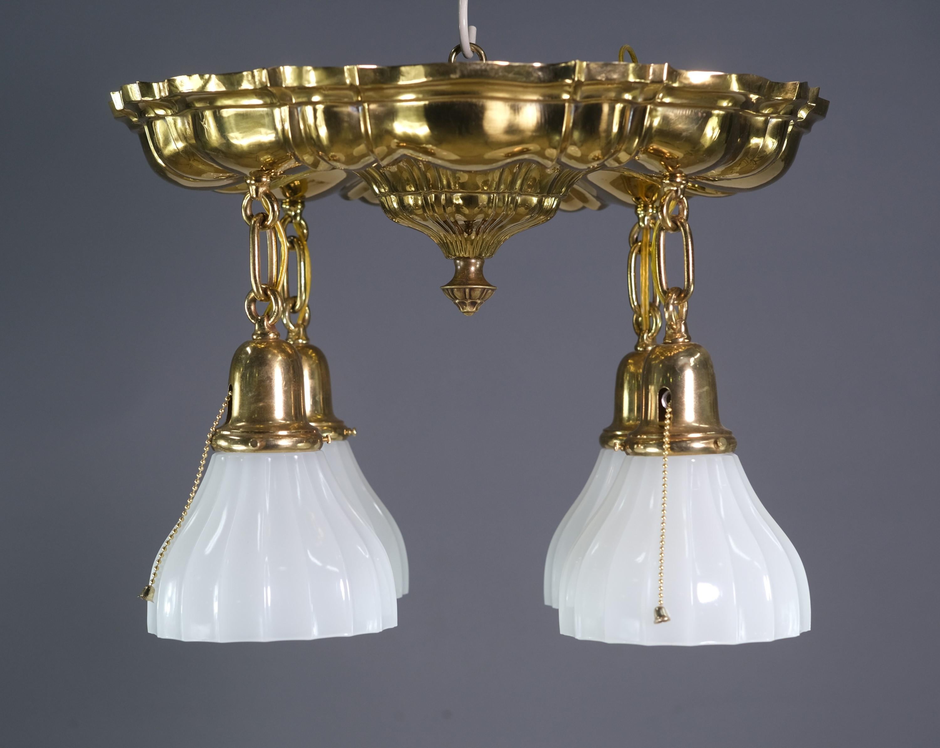 Brass Ceiling Mount Down Light Pendant White Shades Restored In Good Condition In New York, NY